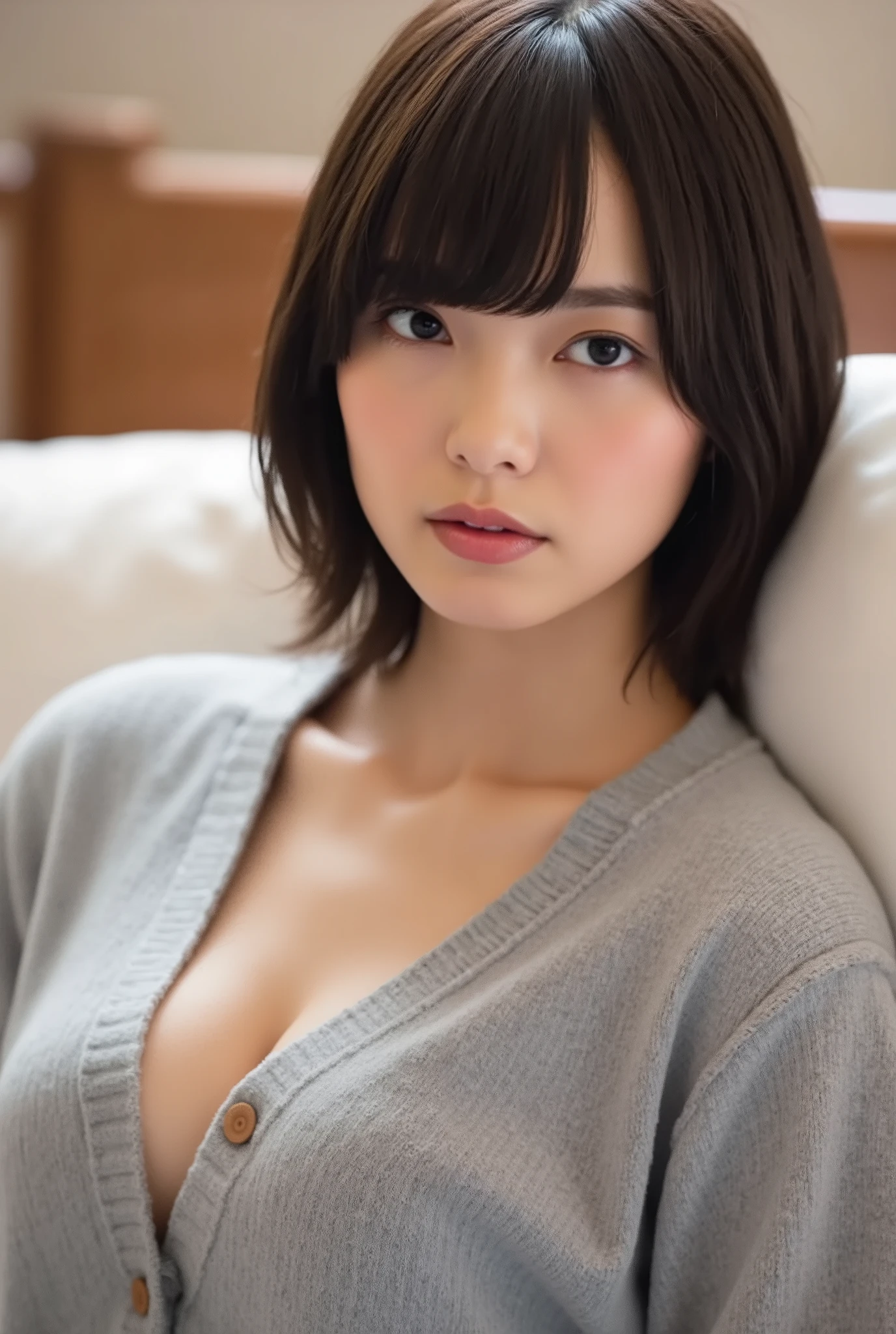 (( Highest Quality, 8K )), ((masterpiece)), ( details), Japanese, two-tone swimsuit ,1 girl on break day, Voluptuous women , sexy,( in the bedroom),((( abnormally large breasts , completely naked, beautiful breasts, short bob hair))), black hair , (( without makeup, small eyes))