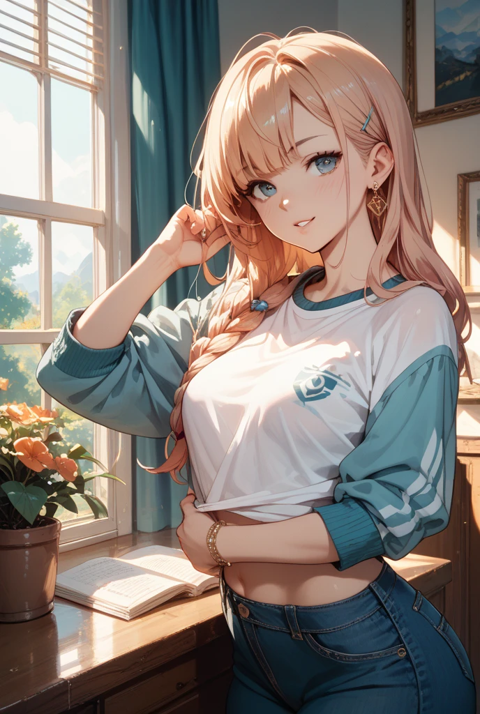 High quality image, very detailed image multiple characters, duo, two characters, one room, 2girls, 29 years old girls, best friends, fun time, joy and recreation, dancing in the living room of the house, music in the radio, night through the window, 29 years old girl, dancing, Dark tan skinned girl, long dark brown skin, pink flower in the hair, grey blue eyes, beautiful feminine features, bigh breasts, big butt, fun smile, thin lips, pale green mini skirt, pink shoes, yellow t-shirt, 29 years old girl, fair pale skin girl, long golden blonde hair tied in two pigtails with pink cute ribbons, light blue eyes, beautiful feminine features, fun smile, thin lips big breasts, big butt, pink mini skirt, grey t-shirt,