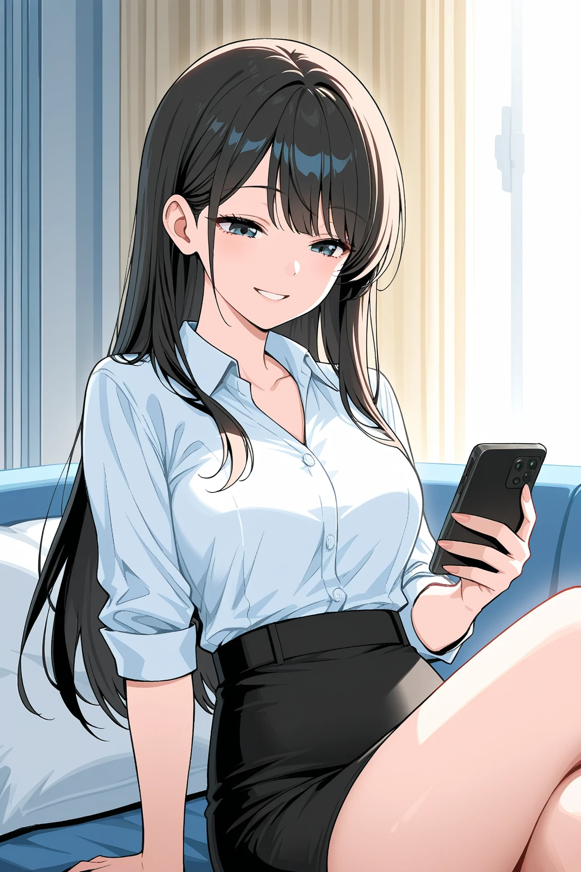 ((super high quality,Ultra-high resolution,4K,8k,super masterpiece,Ultra HD)),Dimly lit room,Lying on the bed,One sexy woman,(popped collar White shirts),High collar,Tight collar,Black hair straight short,Sharp Eyes,Ahegao,smile,blush,sexy,Pearl Earrings,Pearl Necklace,wedding ring,Sweaty,Spread your legs,Big penis,Penis insertion,semen,Drooling,Hold your phone to your ear,
