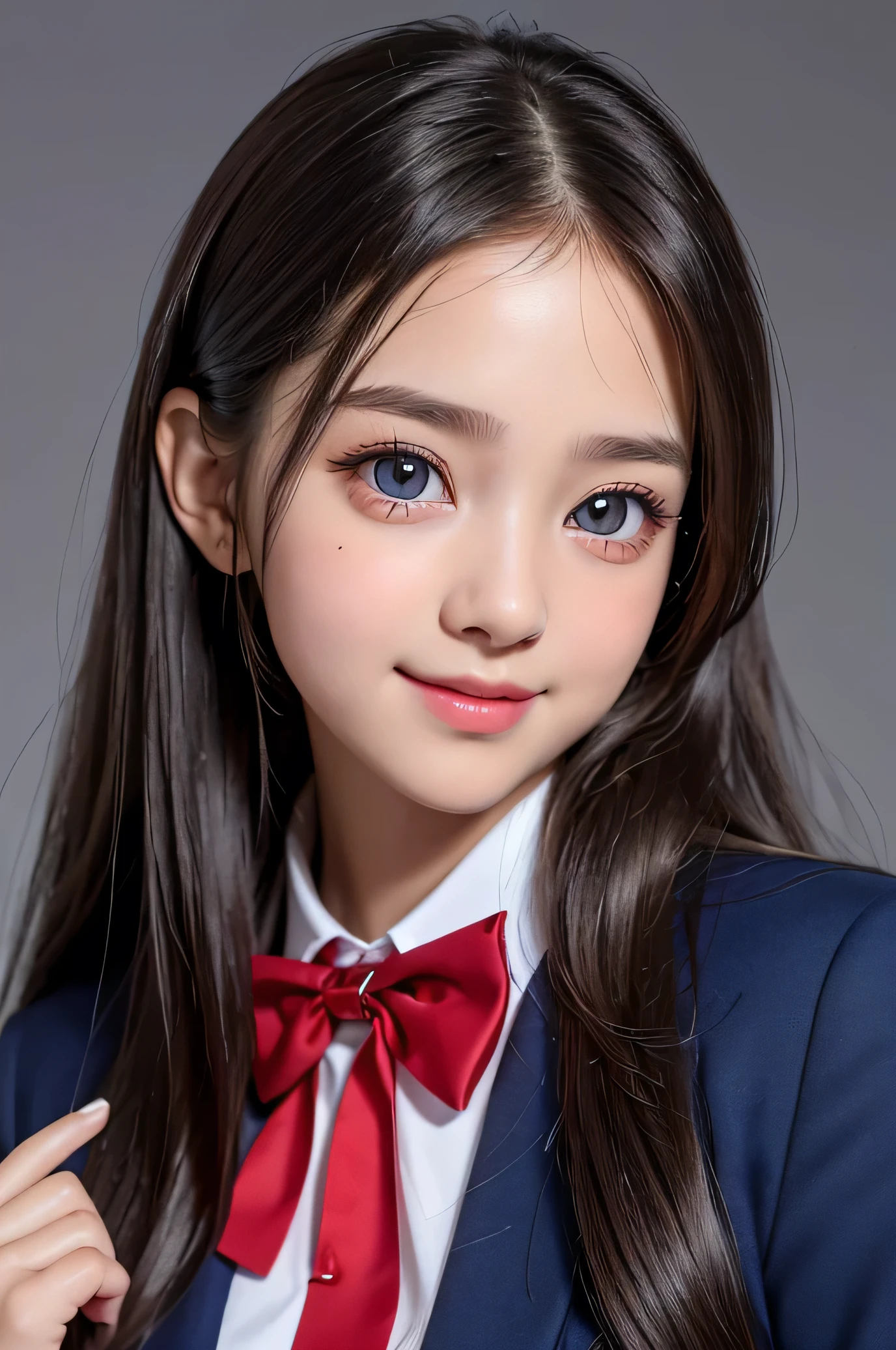 (Very beautiful cute girl), (very cute face:1.2),5 yo, (baby face),(sparking crystal clear attractive large eyes), Beautiful detailed eyes, Detailed double eyelids, (smiling), (realistic photograph:1.1), long straight hair,dark blue blazer high-school uniform,red neck bow tie