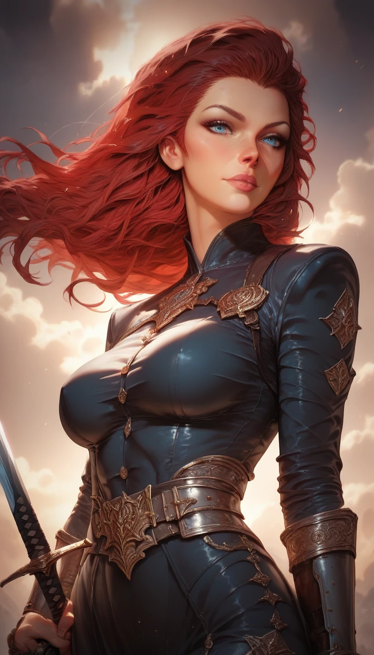 beautiful woman, blue eyes, red hair, defined body, wearing detailed Victorian-era mask and armor (( super strong )), masterpiece, best quality, ultra-detailed, ground, destroyed city background, shadows, contrast, clear sky, analog style (look at viewer:1.2) (skin texture) (film grain:1.3), ultra-high resolution, octane render, 16k