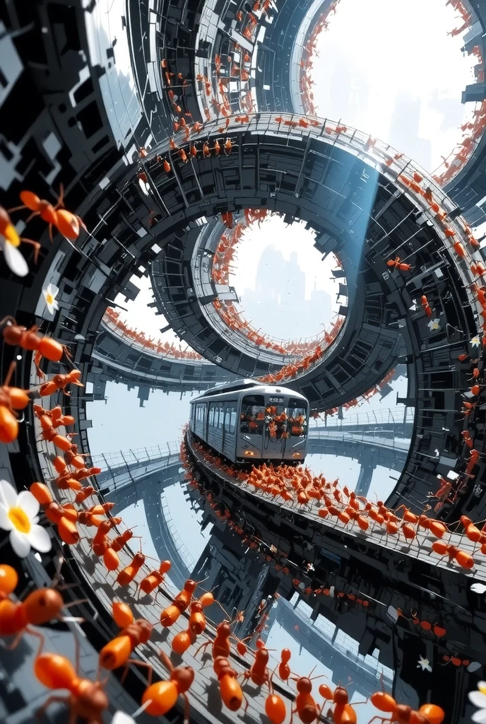 The subway that comes and goes through ant nests is filled with、RIDERSHIP RATE 120％ants, Detailed and complex ant nest structure, Three-dimensional subway network, Extremely small ants highlight a huge labyrinth,  A story that makes you flap your wings from a fixed concept, Dramatic lighting effects, Create a fascinating, vivid, and too absurd worldview hidden in the dark, no gravity, A complex, three-dimensional subway, 