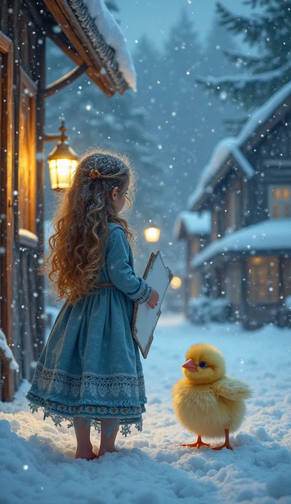 RAW photo of a cute young woman whose head is a chicken, as a russian peasant, barefoot, holding the russian shoes of the valenki in her hands, winter, road in old russian village, huts are on both sides , high detail, sharp focus, image is taken with a high-end full-frame camera, night colors, soft lighting, remains of sunset, 8k