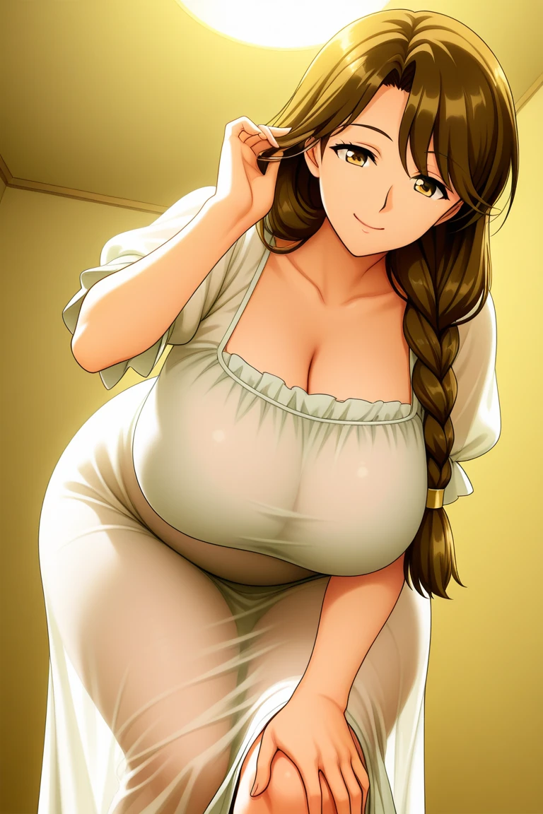 masterpiece, highest quality, High resolution, short hair, etsukoto, Big and ample breasts, cleavage, (Perfect beautiful yellow dress:1.4), ((White waist apron)), White panties, nsfwal face, (((simple background))), Shiny oily skin, Huge long breasts, Naughty big、((Big breasts are important))、Naughty thighs、L Cup、alone,(thin:1.4),(Thin waist:1.4), Mature mother, huge breasts, ((((thick thighs, plamp thighs, voluptuous thighs, ample thighs)))), Calf, Seductive mature woman, Perfect body, Plus Size Model, etsukoto, blush, clavicle, retro artstyle, 1990s (style), (((deep nude, on stomach, squeeze breasts))), (((nsfw))),