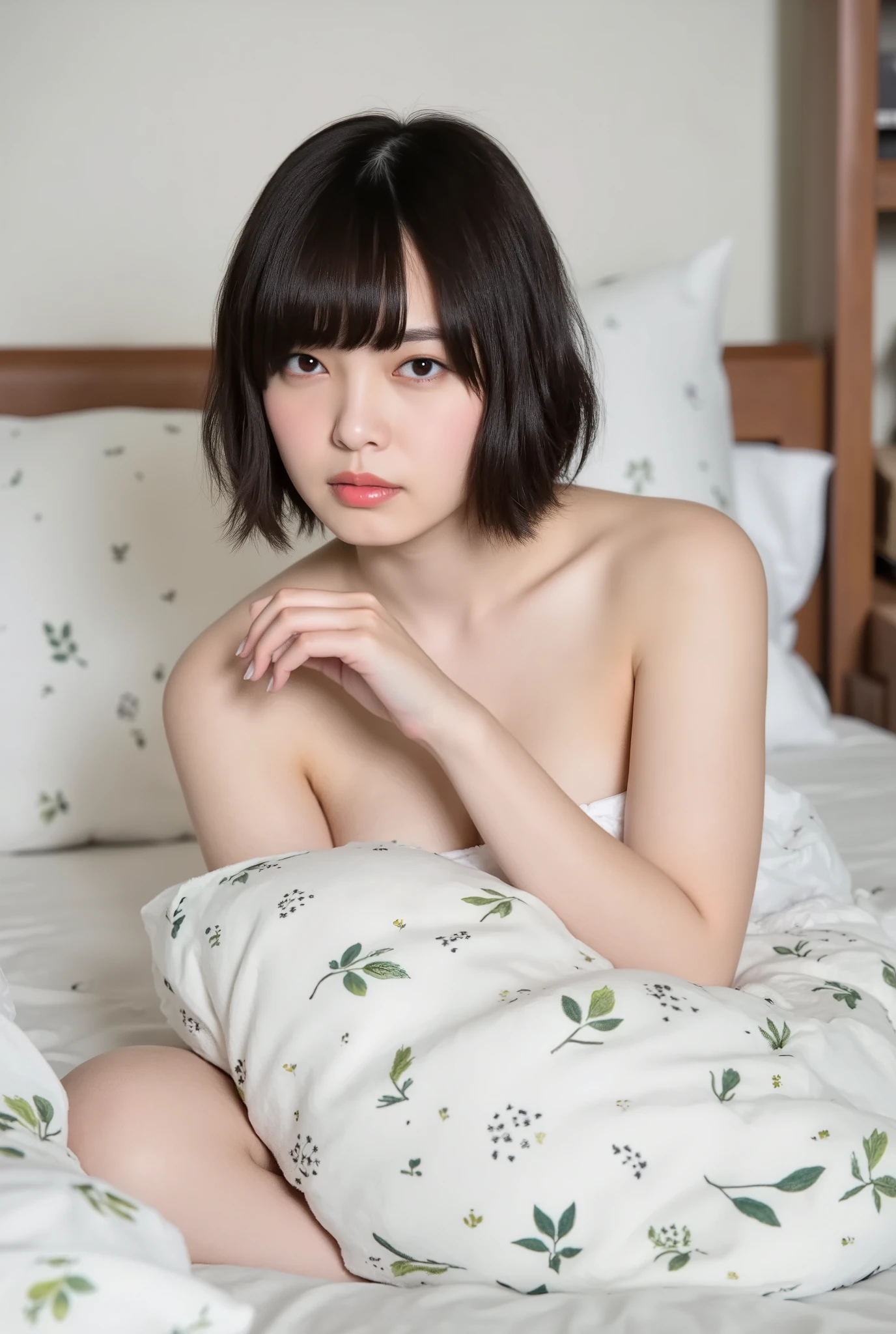 (( Highest Quality, 8K )), ((masterpiece)), ( details), Japanese, two-tone swimsuit ,1 girl on break day, Voluptuous women , sexy,( in the bedroom),((( abnormally large breasts , completely naked, beautiful breasts, short bob hair))), black hair , (( without makeup, small eyes))