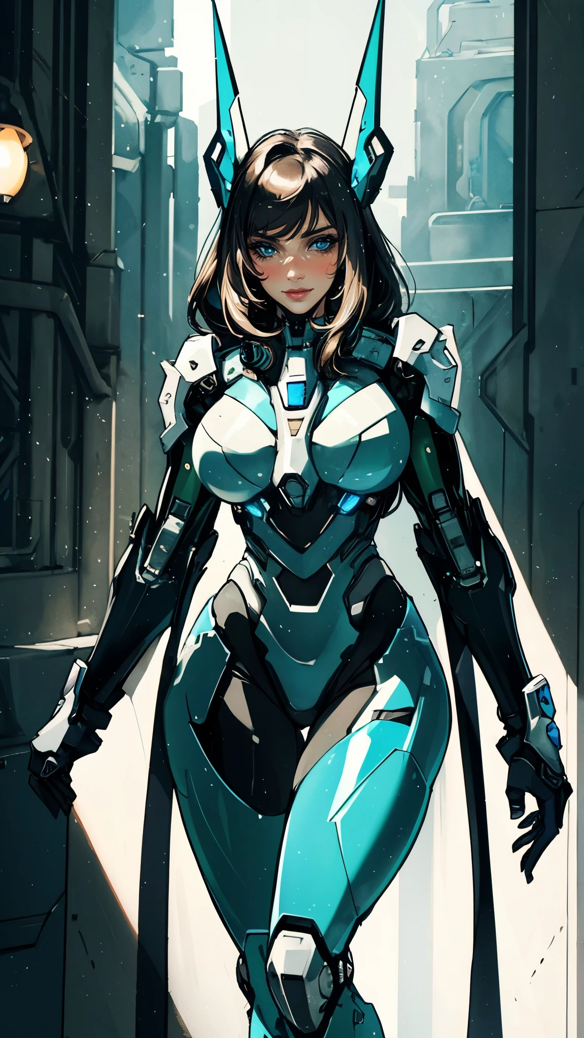 masterpiece, best quality, a beautiful woman with long shiny hair, choppy bangs, delicate face, passionate gaze, perfect smille, blush, seductive expression, tall and fit figure, perfect body, perfect skin, seductive pose, sexy Futuristic Technological Nanogel Clothing, the color scheme is primarily White with Green accents, this character embodies a finely crafted sexy beauty, exquisite and mature art style, mikoyan, anime aesthetic, simple shading, cell shading, goddess, feminine, exquisite photography, depth of field, bokeh, photorealistic, even and soft lighting on face, dramatic, high definition, highres, ultra detailed, professional photo, perfect body proportions, anatomically correct, symmetrical face, extremely detailed eyes and face, perfect eyes, high quality eyes, creativity, RAW photo, UHD, 32k, portrait lighting, cinematic lighting, (masterpiece-anatomy-perfect:1.2)