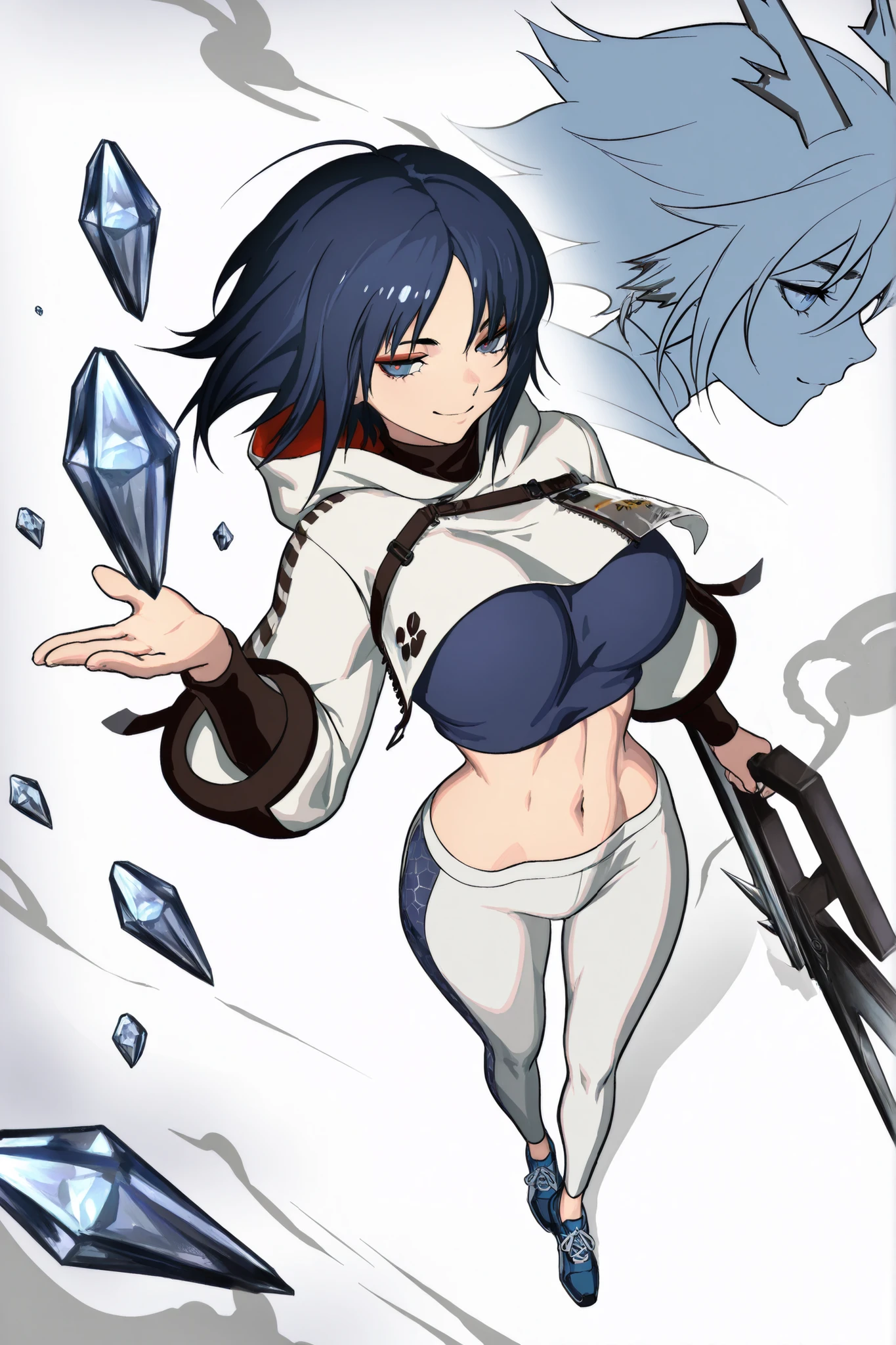 ((arknights),elite_ii_(arknights),character sheet, cel shading,original,ArkElite2, transparent background, white background, full body), {artstyle: iwao178,nia4294,henriiku (ahemaru),(ryuuzaki ichi),ilya kuvshinov,professional artist,detailed anatomy},{masterpiece, best quality},young girl,adult,1girl,solo,(large breasts:1.5), narrow waist, linea alba,navel, slim body, tall body, slim legs,shrug (clothing), cropped shirt, ((breast curtain)),midriff, layered clothes,long sleeves, layered clothes, jacket, blue shirt, white shrug,yoga pants, white pants, blue trim, hexagon print, blue shoes, blue eyes, blue hair, medium hair, curtained hair,parted bangs,smug, seductive smile, partial background, unfinished background, hand up, open hand, floating crystals, crystallized weapons, crystallized swords, crystallized spears, road,smoke, wind, dynamic angle, from above,