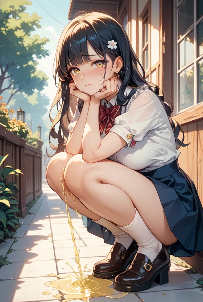 (8K, RAW Photos, 最high quality, masterpiece:1.2), high qualityのRAWカラー写真, Professional photo shoot, Cinematic Light, alone, (((young woman, Gal))), (Sharp features), (Small face), (Skin with attention to detail:1.2), clavicle, Cute face, Beautiful appearance, Long eyelashes,Girl Turning Around, (Embarrassing)、(blush)、Looking down、Worried eyebrows, (Black Hair, Braid), high school student, Red tie, High School Uniform:1.2, Black jacket, Open jacket, Jacket cuff buttons, White shirt, Check skirt, Night Park, Birds chirping, Anxious attitude, Capture the happy moment, Artistic painting,Attractive thighs, White sneakers, (Very nice touch:1.2), (Troubled expression), Peaceful atmosphere, Oil painting style, Bright colors, (Are standing:1.5, lean on a tree, Full body portrait), Smooth texture, Keep your eyes down, Beautiful Skin, Shiny skin, ((Perfect Fingers, Five Fingers, Anatomically correct)), Background Blur, high quality, Surreal, ((Very detailed, photo shoot)),(Skirt flip、Thin black leggings),,(((Skirt flip、High leg)))、(avert your eyes)、((View from below、Close-up on crotch))、squat、