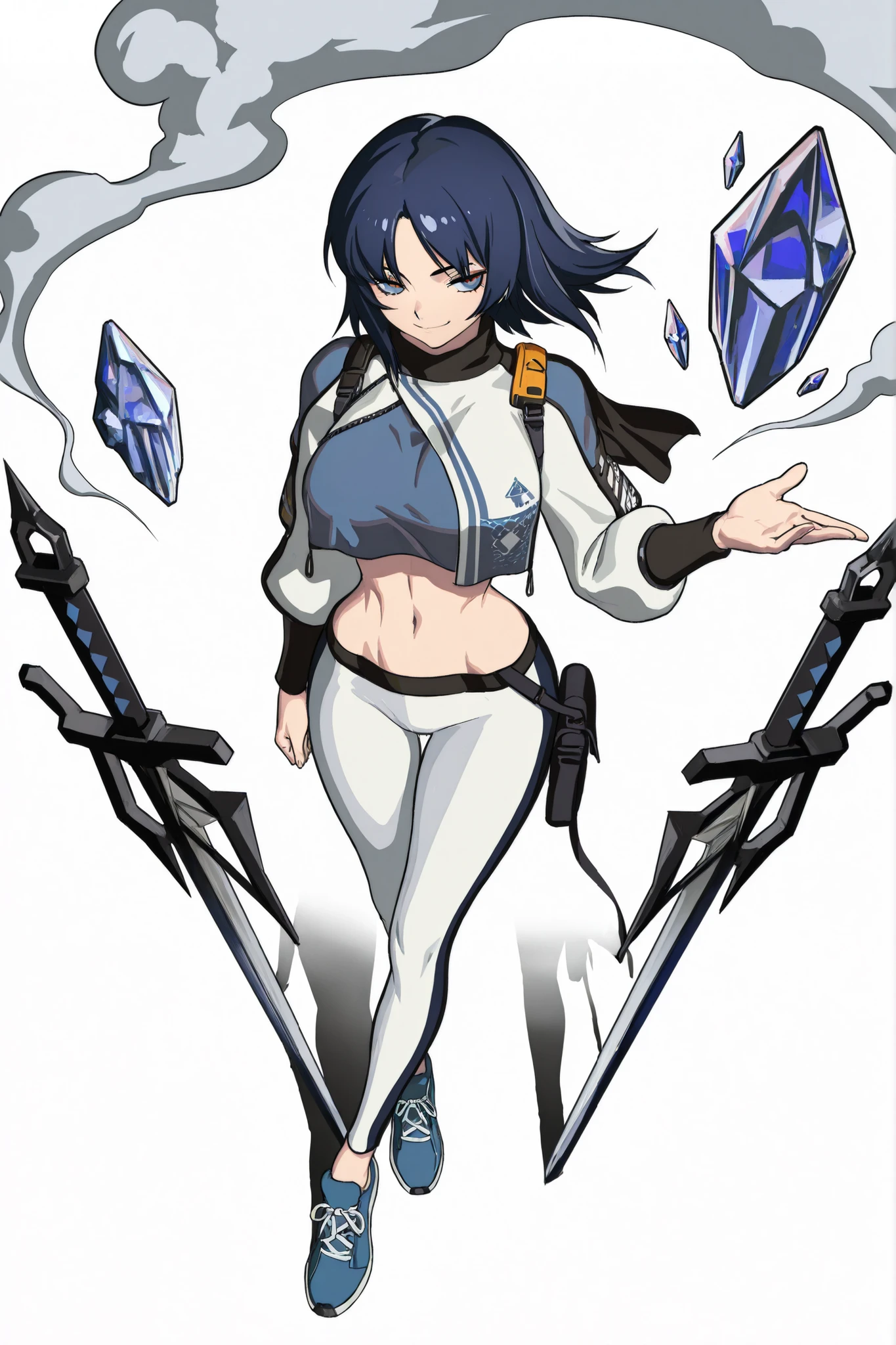 ((arknights),elite_ii_(arknights),character sheet, cel shading,original,ArkElite2, transparent background, white background, full body), {artstyle: iwao178,nia4294,henriiku (ahemaru),(ryuuzaki ichi),ilya kuvshinov,professional artist,detailed anatomy},{masterpiece, best quality},young girl,adult,1girl,solo,(large breasts:1.5), narrow waist, linea alba,navel, slim body, tall body, slim legs,shrug (clothing), cropped shirt, ((breast curtain)),midriff, layered clothes,long sleeves, layered clothes, jacket, blue shirt, white shrug,yoga pants, white pants, blue trim, hexagon print, blue shoes, blue eyes, blue hair, medium hair, curtained hair,parted bangs,smug, seductive smile, partial background, unfinished background, hand up, open hand, floating crystals, crystallized weapons, crystallized swords, crystallized spears, road,smoke, wind, dynamic angle, from above,