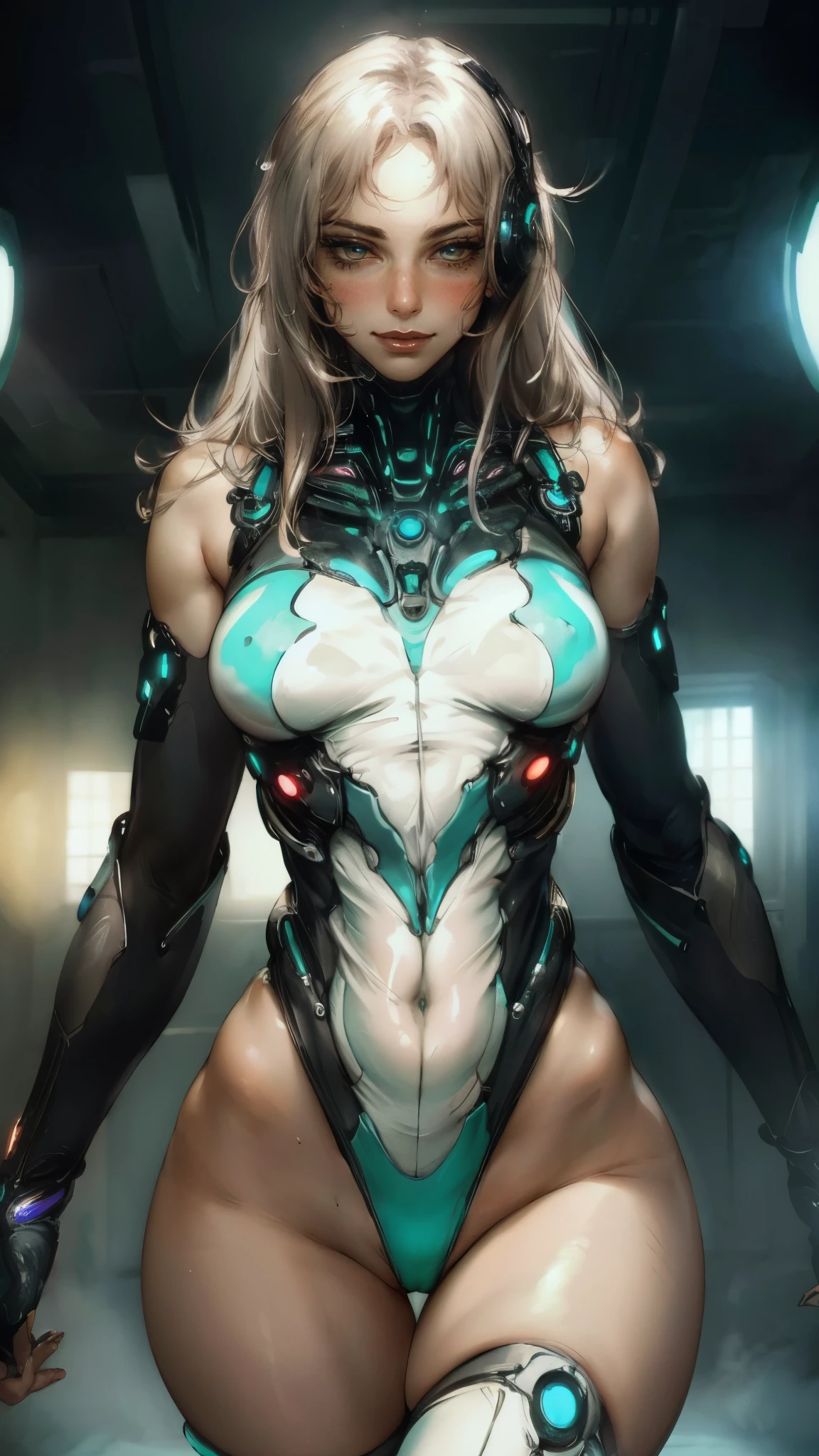 masterpiece, best quality, a beautiful woman with long shiny hair, choppy bangs, delicate face, passionate gaze, perfect smille, blush, seductive expression, tall and fit figure, perfect body, perfect skin, seductive pose, sexy Futuristic Technological Nanogel Clothing, the color scheme is primarily White with Green accents, this character embodies a finely crafted sexy beauty, exquisite and mature art style, mikoyan, anime aesthetic, simple shading, cell shading, goddess, feminine, exquisite photography, depth of field, bokeh, photorealistic, even and soft lighting on face, dramatic, high definition, highres, ultra detailed, professional photo, perfect body proportions, anatomically correct, symmetrical face, extremely detailed eyes and face, perfect eyes, high quality eyes, creativity, RAW photo, UHD, 32k, portrait lighting, cinematic lighting, (masterpiece-anatomy-perfect:1.2)