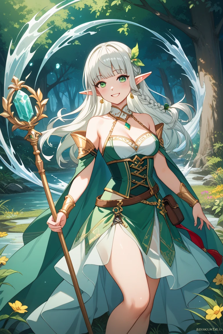 To create an anime title screen featuring an elf girl, you can imagine the following scene:
- **Character**: A beautiful elf girl with long silver hair and bright green eyes. She has the iconic pointed ears and wears an elegant fantasy outfit, which includes flowing robes and intricate jewelry. The elf is holding a glowing magical staff that emits a soft light.
- **Background**: A mystical forest with large, ancient trees. Soft sunlight filters through the leaves, creating a serene and magical atmosphere.
- **Title**: At the top of the screen, the anime's title is written in bold, stylish Japanese characters with a magical aura surrounding the text, adding to the mystical feel.
- **Art Style**: The overall style should be vibrant and captivating, similar to classic anime title screens, with attention to detail in both the character design and the background.
This prompt could be used as a guide for creating a stunning anime title screen featuring a captivating elf girl.