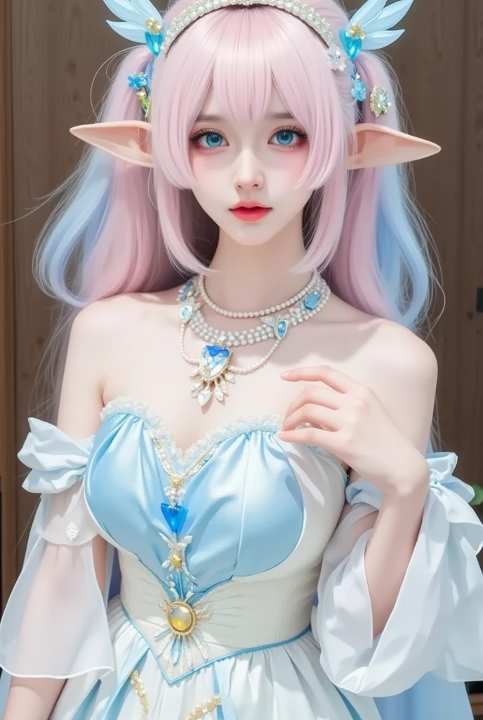 portrait of a young elf girl, kim chaewon as a sexy elf, kim chaewon is a petite young girl, masterpiece, best quality, 1girl, forest background, kim chaewon, petite girl, (red eyes), small breast, petite figure, long light blue hair, face front, sexy female leather armor, emotional face, (close up portrait), make up, studio light, studio