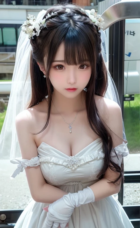  (((Pixel perfect, Perfect details))), alone, 1 girl，bride, yuigahama yui,  美丽bride穿美麗婚紗的特写,Gurwitz, (((bride頭紗)))，（transparent short veil），blush，eye shadow，Blushing face，Head flower，headgear，((bouquet))，((((tube top wedding dress))))，(((strapless wedding dress))),(bare shoulders)，pure white dress，(necklace)，((earrings))，(large breasts:1.3)，Bangs，lipstick，((White long elbow gloves)),Half-length photo,High-detail RAW color art,White long skirt,There is a railway track next to it，(standing on the railroad tracks:1.3),18 years old, （long twintails：1.5）,(double bun:1.5), black hair