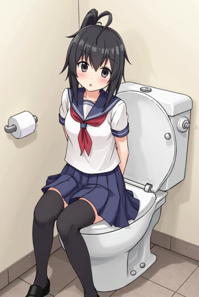 1.woman blushing embarrassed short hair naked examination nipples legs wide open toilet sitting on toilet bowl front view (Urinating forcefully:1) Pee