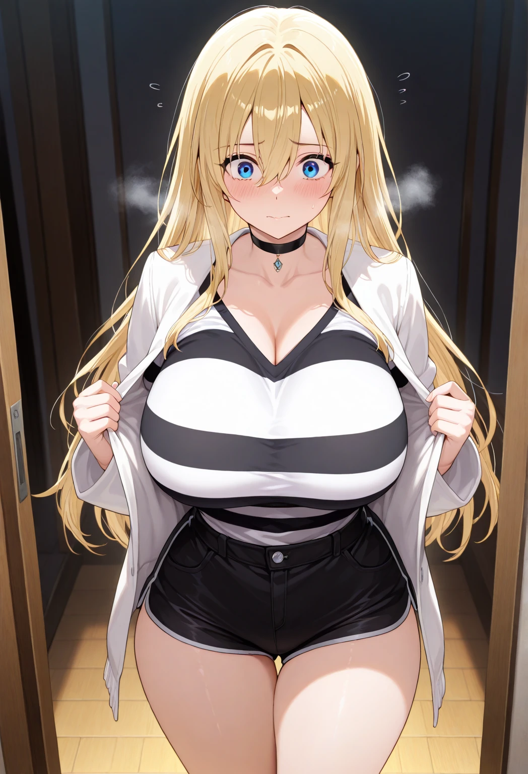 4k, girl, blonde hair, glowing eye, perfect body, cleavage, open door