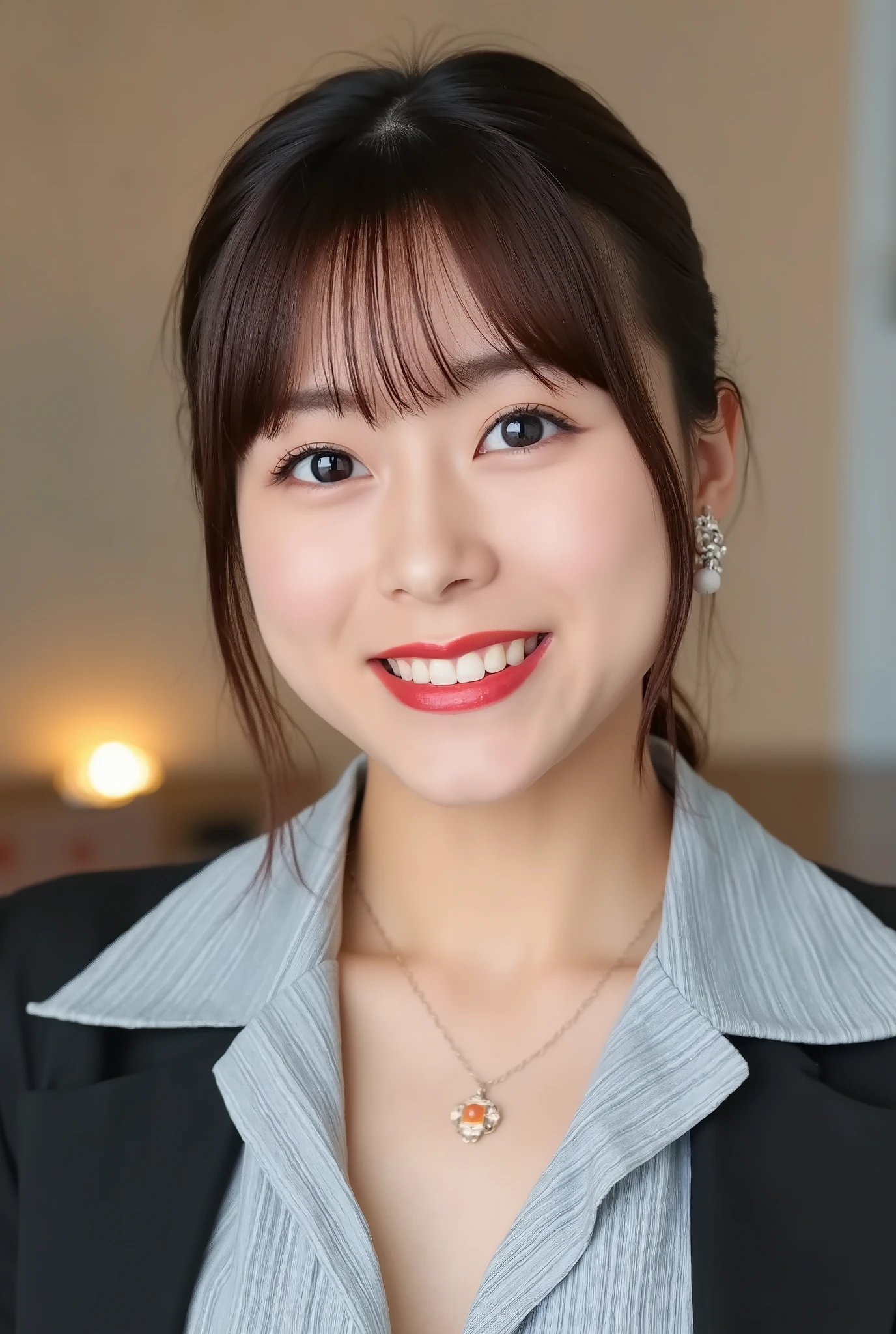 A neat and clean young woman、office lady suit、jacket、shirt、necklace、and look at the camera、hairstyle shortcuts、 pale brown hair、 smile showing teeth、ear piercing、upper body、Background is in a room、