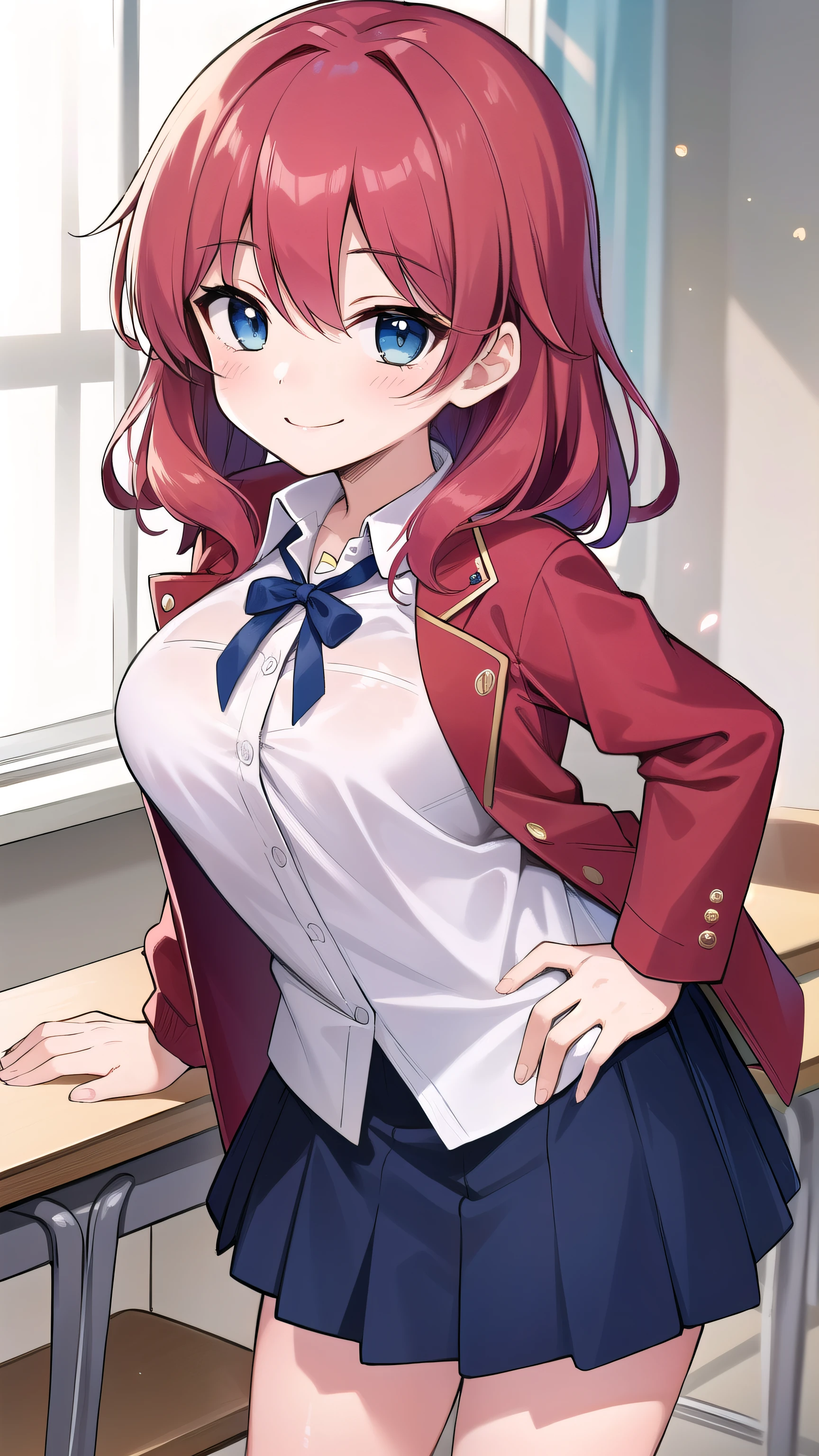 Big breasts, red hair, blue eyes, droopy eyes, red jacket, long sleeves, navy skirt, elementary school student, super big breasts, (medium hair: 1.2), baggy clothes, elementary school student, young face, short height, 10 years old, old, shy A shy guy, smiling a little, trying to open the buttons of his shirt, white shirt, red tie，straight hair