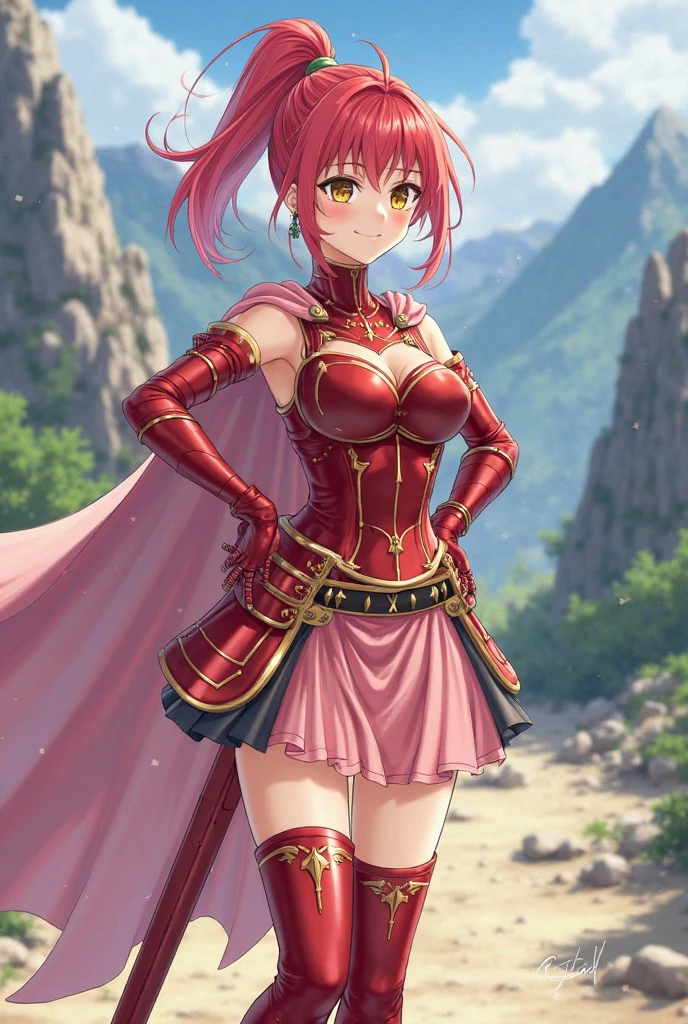best quality, (masterpiece:1.3), absurdres, highres,16k, ultra high res, official art, illustration,extremely detailed, 1girl, solo, full body, 20yo,
delicate lines tailed face,(top knot bun :1.5), (parted bangs:1.2),
(beautiful pink hair:1.2), (shiny hair:1.2), (beautiful green eyes:1.2), (shiny eyes:1.2), (large breasts), (gleaming skin:1.4),
looking at viewer, simple background, (from below), in castle,
standing, (dynamic pose), serious with open mouth,
(brave lady), (fantasy), (armor, sword, shield, crown, boots, cape:1.5)
