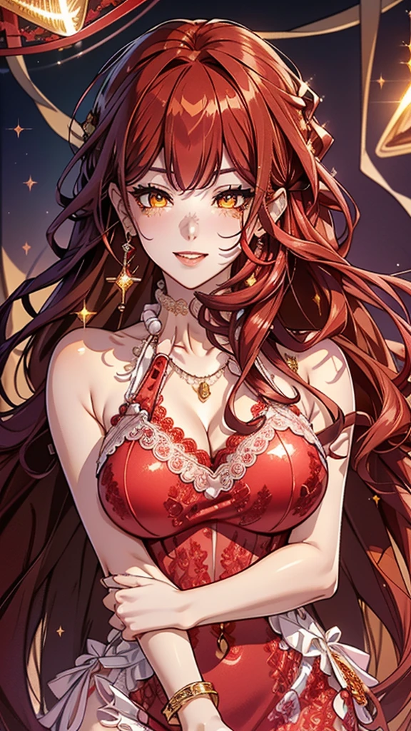 1 girl Big dark-skinned elf, red hair, hot figure, big beauty, delicate and beautiful face, full body portrait, big eyes, beautiful face, big, transparent tulle, sexy and alluring, plump body, hands on chest, perfect body proportions