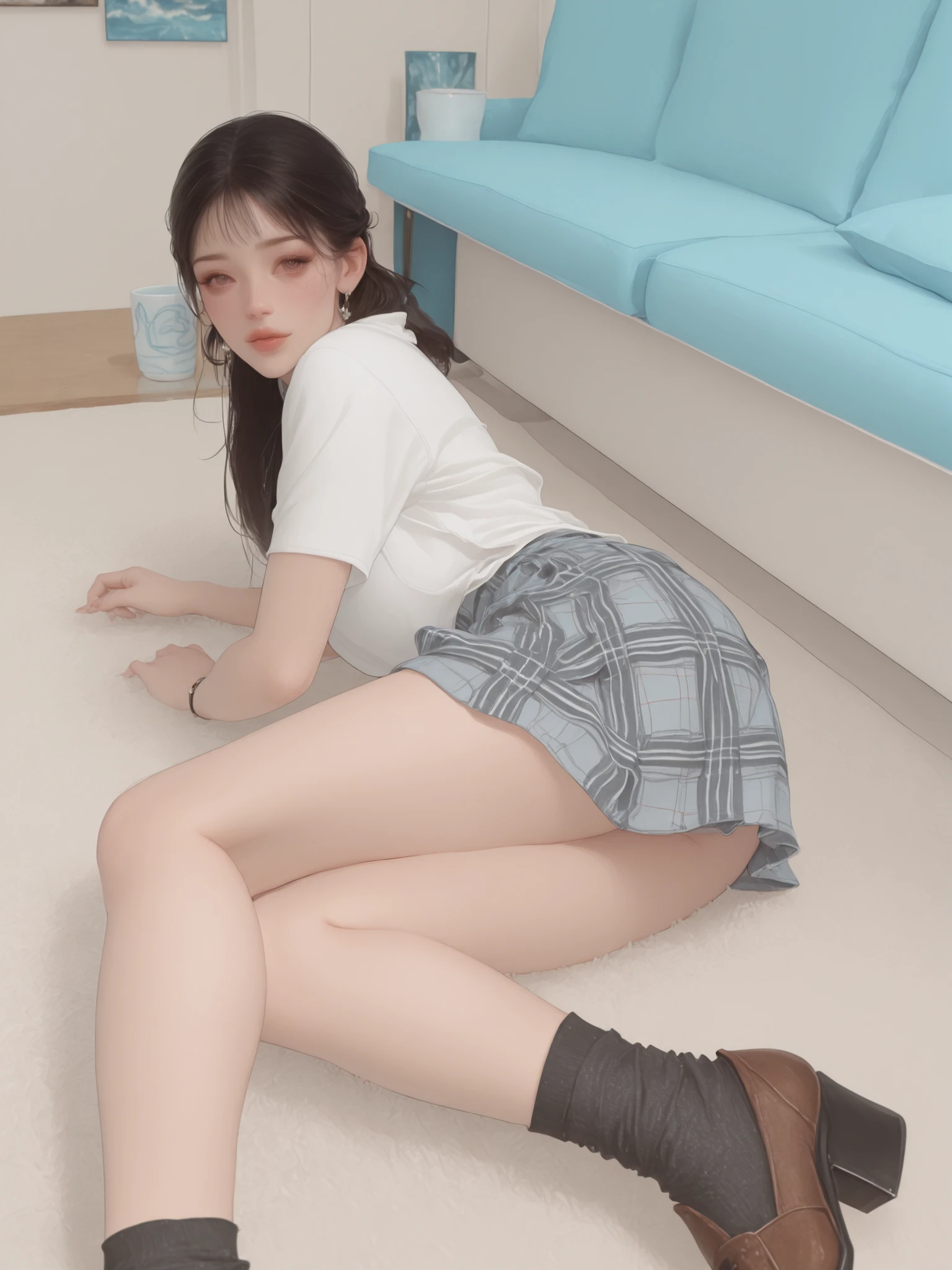 ((highest quality、8k、masterpiece:1.3))((Perfect glowing skin,Perfect Skin)) Spread your legs Please put your feet up Thick pubic hair In a bright room ((Eyes closed Screaming)) Sex Party bangs Golden brown hair Wavy Hair Braid