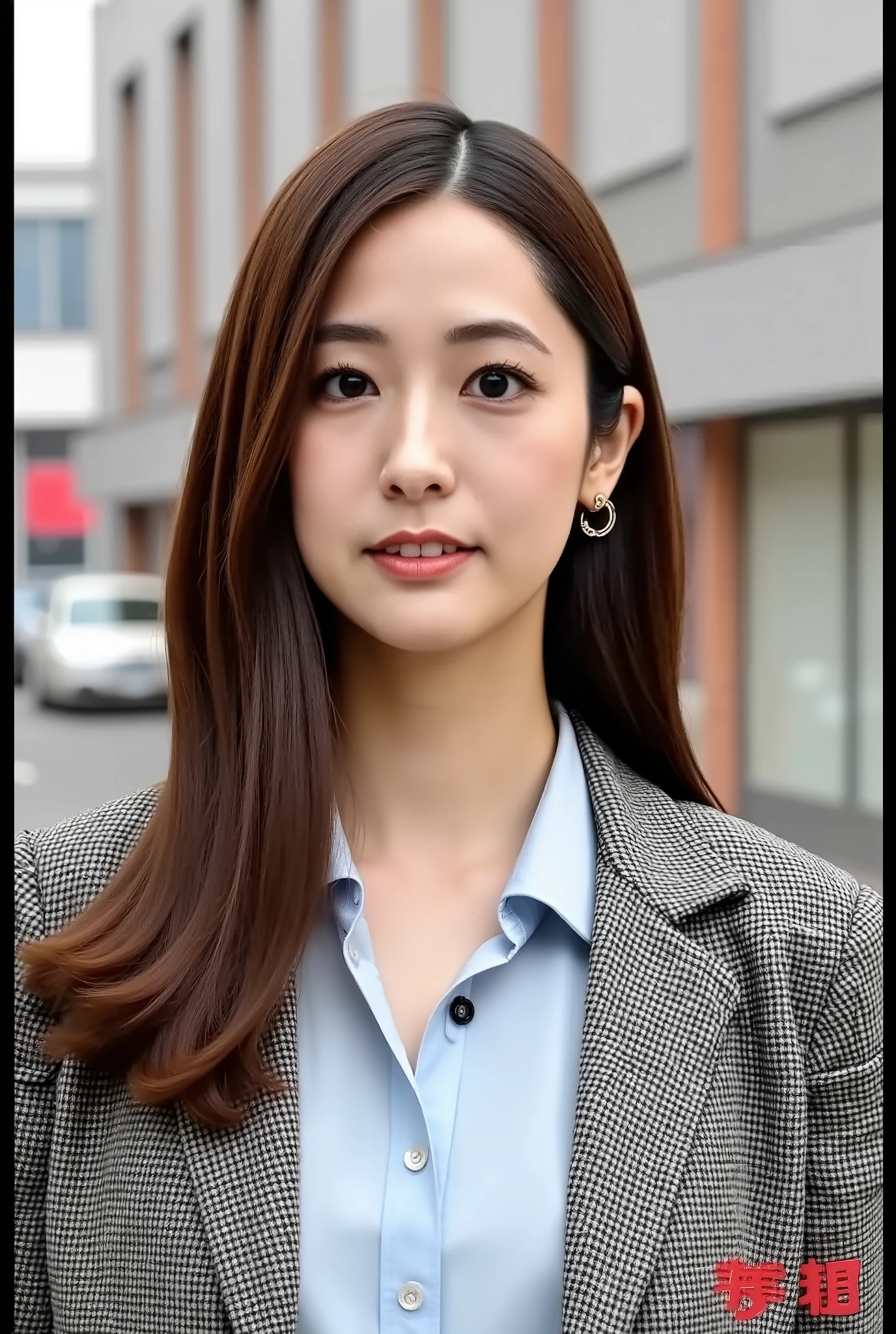 Neat Young Woman、and look at the camera、office lady suit、jacket、shirt、ear piercing、 pale brown hair、upper body、The background is in town carrying a