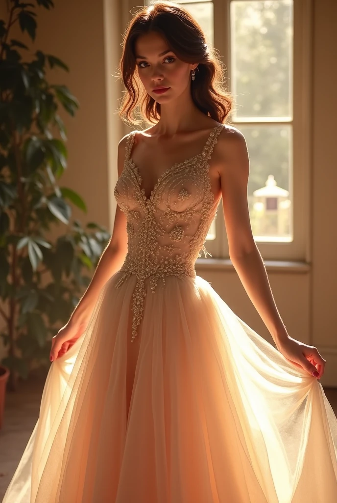 soft cream dress with golden embroidery