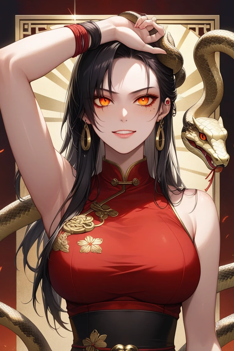 A girl with long black hair, red lips, black eyes and a snake-like gaze, a red tunic with gold edges and a gold belt with an Asian-celestial dragon tattoo on her neck with a scar on her face, a scar from her eye to her cheek.
