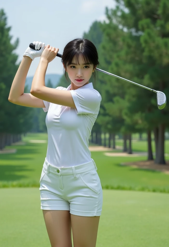 NSFW:1.2, Women Golf、Cute Japan person、White Mock Neck Sports T-Shirt|perspiring、huge-breasted、no-bra、sticking nipple:1.2、White belt、Black Hot Pants
