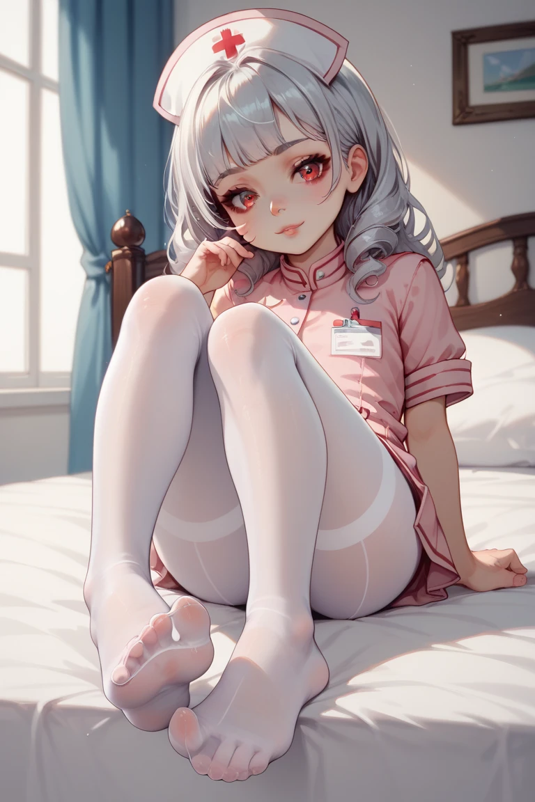 pupils,wearing white pantyhose,on top of the bed,is shy