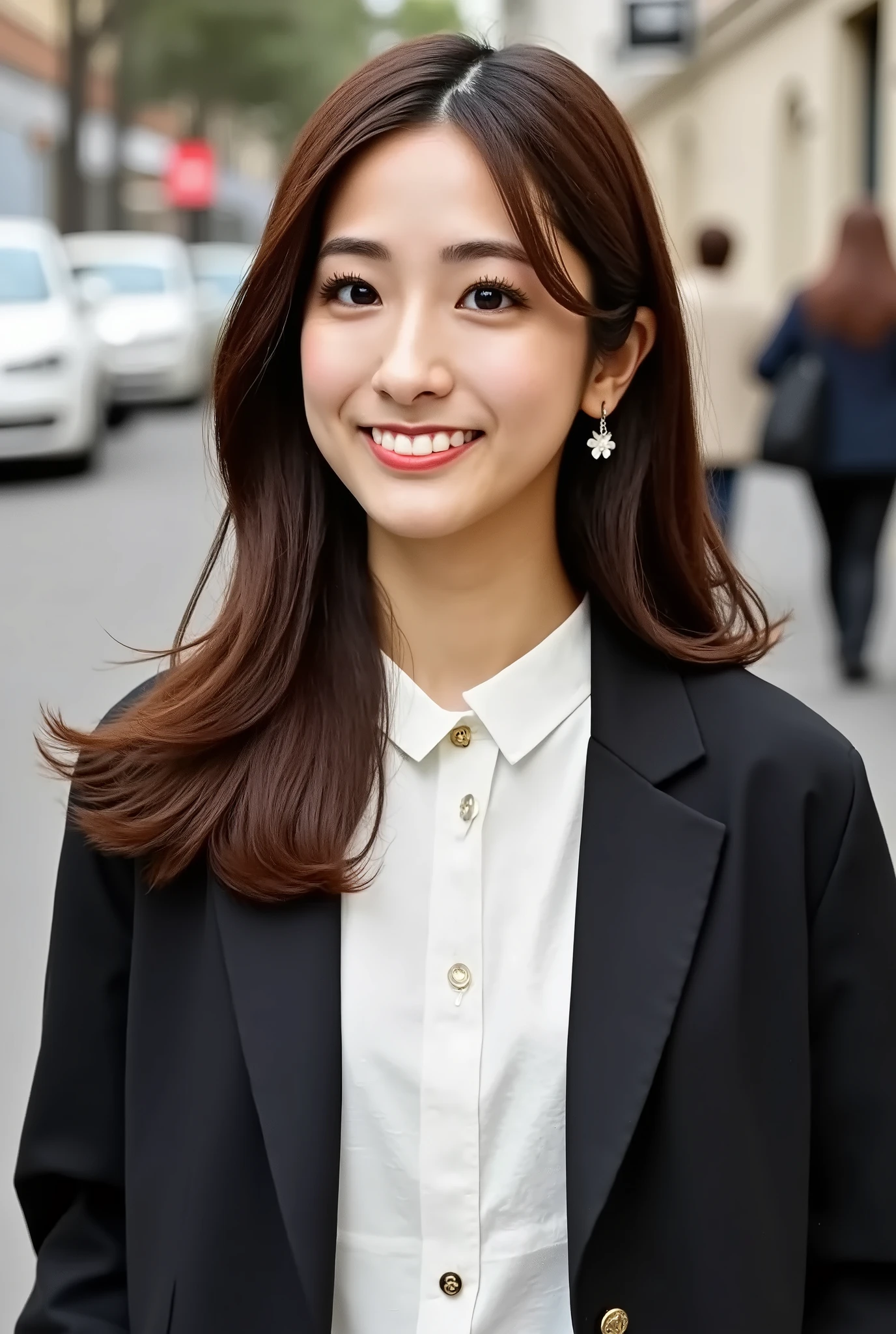 Neat Young Woman、and look at the camera、office lady suit、jacket、shirt、smile showing teeth、ear piercing、 pale brown hair、upper body、The background is in town carrying a