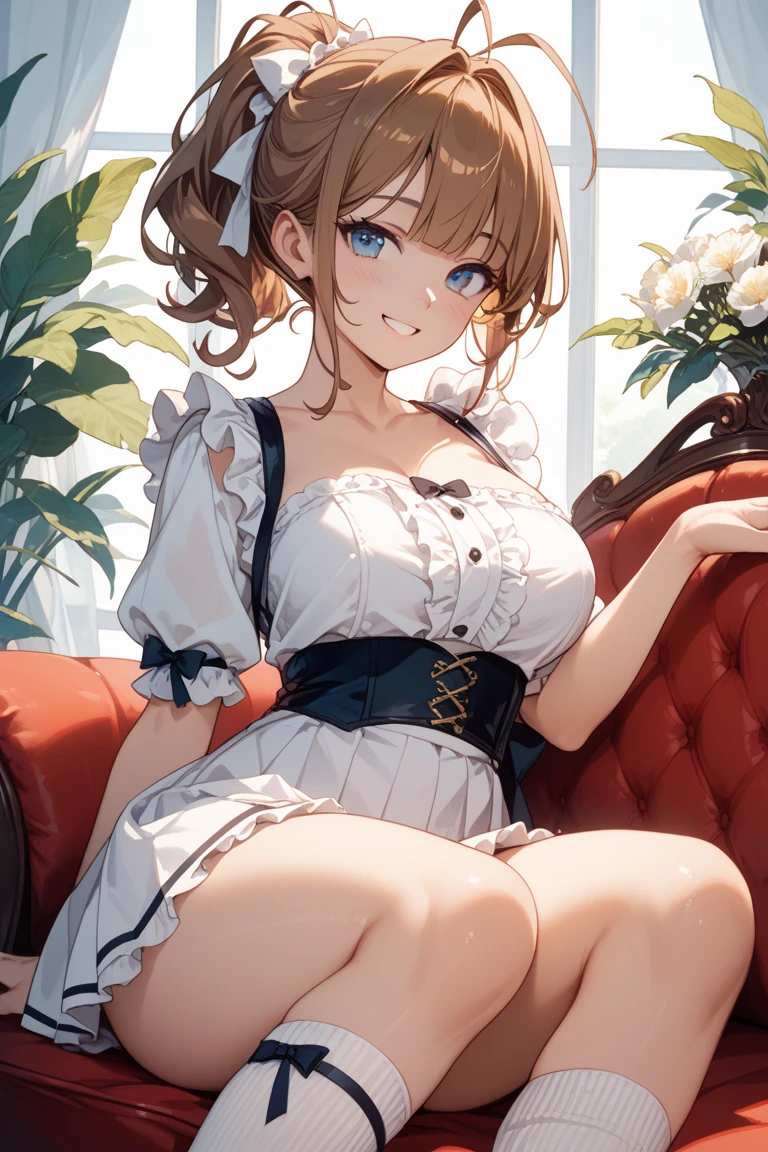 (A masterpiece of image quality in 8K),(from below:1.2),(Beautiful Allafed Woman),(((emphasizing breasts:1.0))),(Dynamic angles),(Dynamic and sexy bending pose:1.3),(sit a chair:1.3),(Short hair in shiny silver and orange inner colors,(perky chest:1.1), (pointed chest:1.3),small full breasts,Disturbance of clothing due to movement,breast slip,(Ponytail twisted buns adorned with elaborate braids and beads,Braided Setup Fishbone Hair,),(see-through bangs),small breasts、(((A white lace apron that shows your bare skin from under your small breasts)))、Blush with embarrassment、Enraptured eyes、A smile that beguiles the viewer、(Look back:1.2)、Look into the photographer,skin glistening with sweat,gazing at viewer,,(Professional Lighting),(8K,masutepiece,top-quality,Ultra-high resolution output image,),(Ultra HD with complex detail image modes),depth of fields,Beautiful hands,Beautiful fingers,Detailed finger features,(Detailed hair features:1.7),detailed facial features,detailed clothes features,
