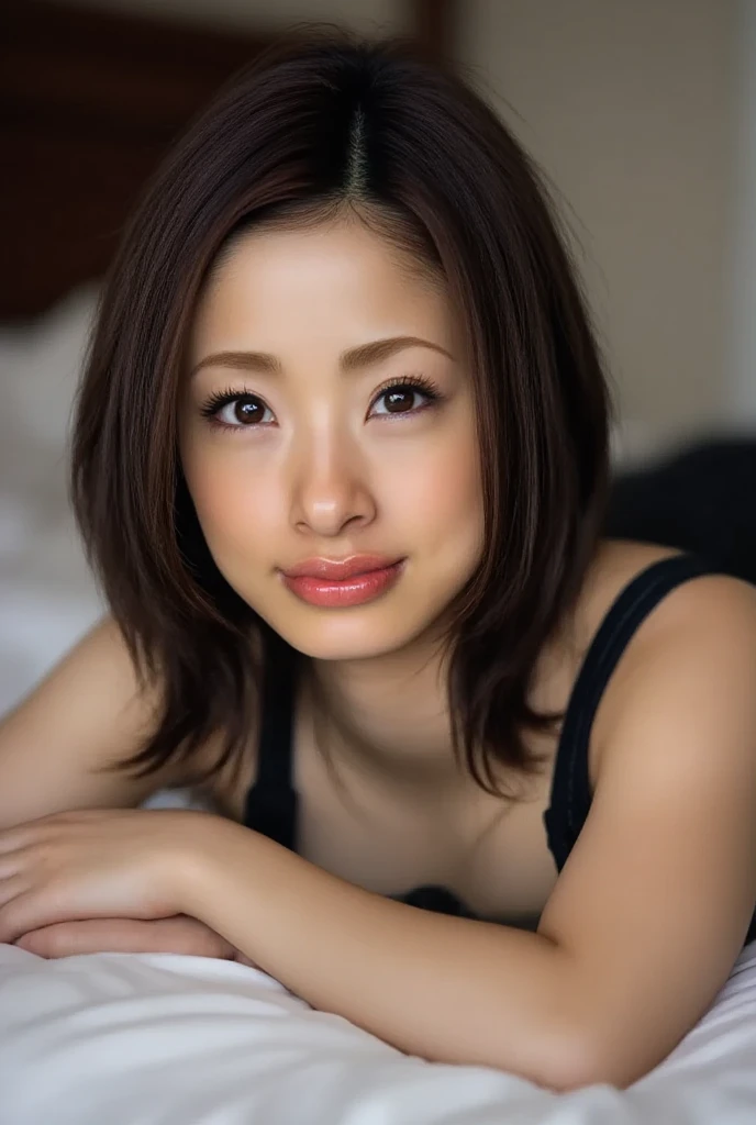 Dark brown hair、Light brown eyes、Japanese actress、 Lady、I am about 40 years old...、(Intricate details:1.2)、(Which is higher???:1.4)、 (Ultra-high resolution:1.2)、Ultra-high resolution、(fine adjustment)、(Detailed facial features)、Hmph、8k resolution、D cup size breasts、Long Hair、Hawaii Beaches、Hawaiian Ocean、Leaning on a beach bed、lying on a beach bed、Palm trees are visible in the background、
