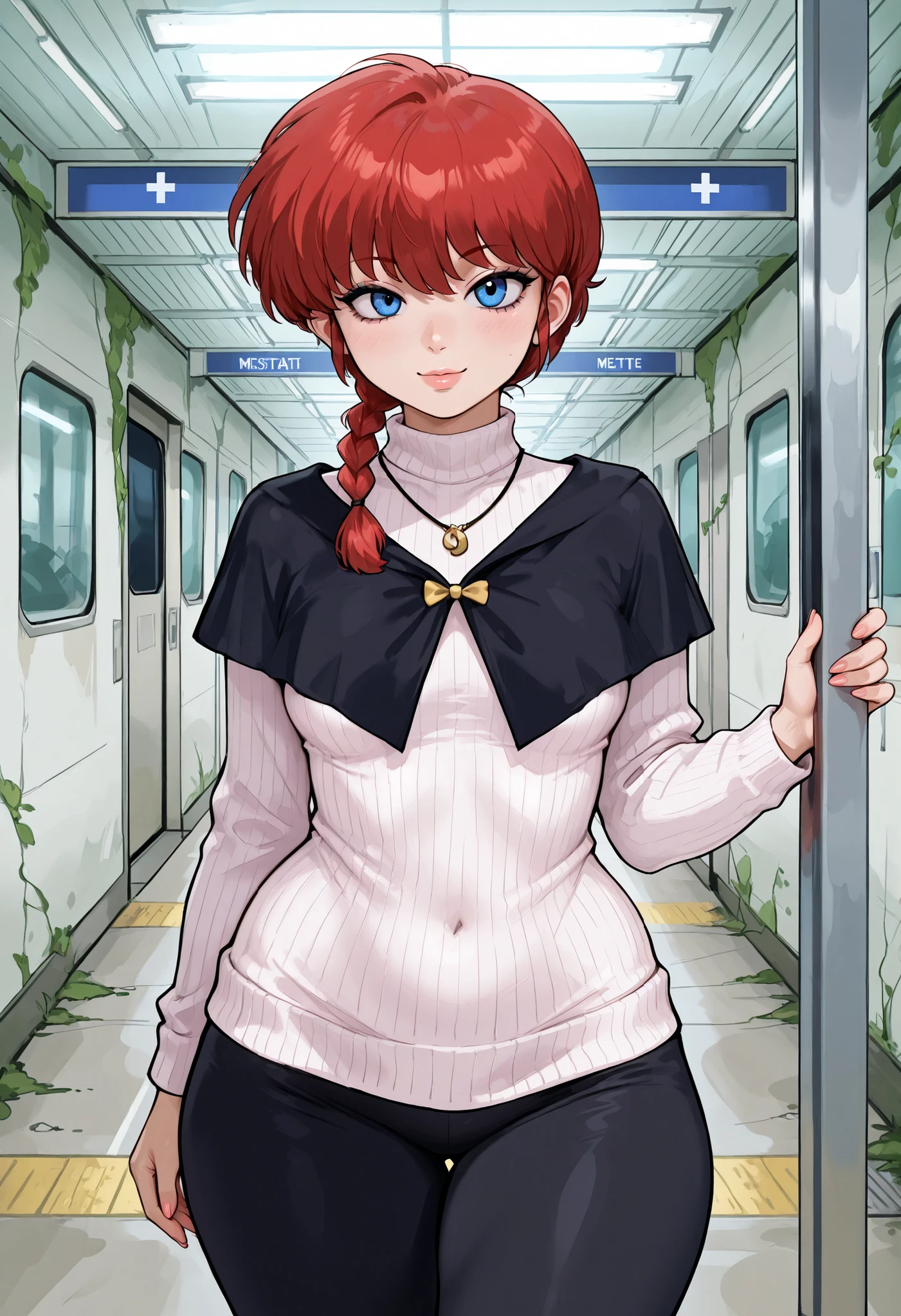 Ranma Saotome. red hair. pigtail. blue eyes. braid. small breasts. huge hips. necklace. black eyeliner. pink manicure. | instagram photo, photo of a beautiful, no bangs, part on one side of hair, tan skin, wrinkles, BREAK, standing in Abandoned metro station, crumbling walls and overgrown vegetation, realistic, , wearing a ((dark semi transparent Cowl neck sweater)) and white yoga pants, ,BREAK, epiCPhoto, bimbo, Metro Station, giving the viewer a seductive look