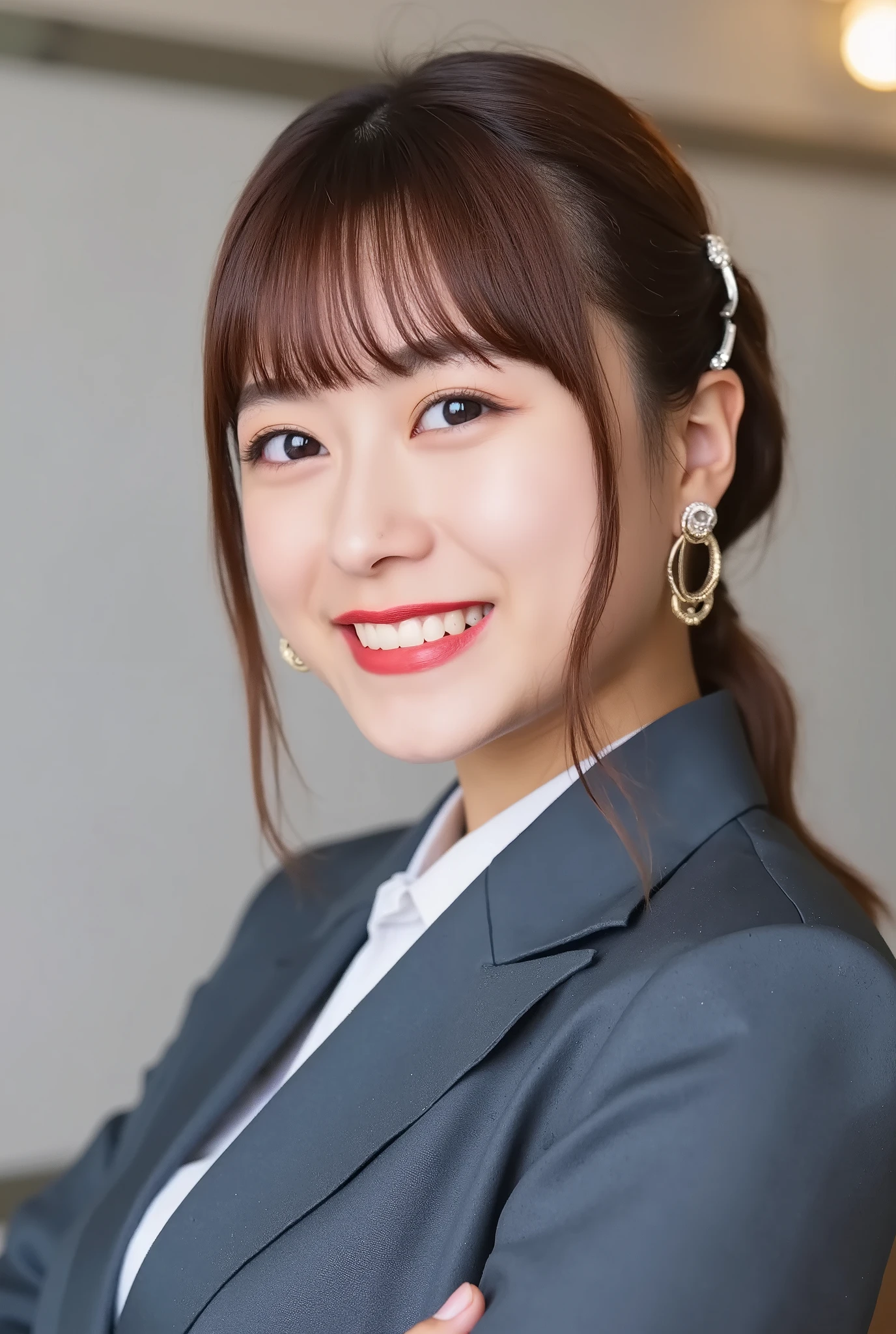 A neat and clean young woman、office lady suit、jacket、shirt、necklace、and look at the camera、hairstyle shortcuts、 pale brown hair、 smile showing teeth、ear piercing、upper body、Background is in a room、