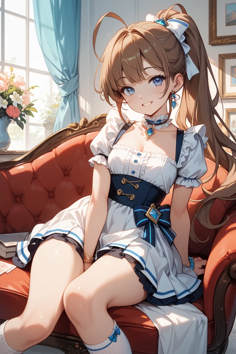 Girl, kneeling down, looking up at viewer, close to viewer, head at viewers waist level, breasts, cleavage, cute