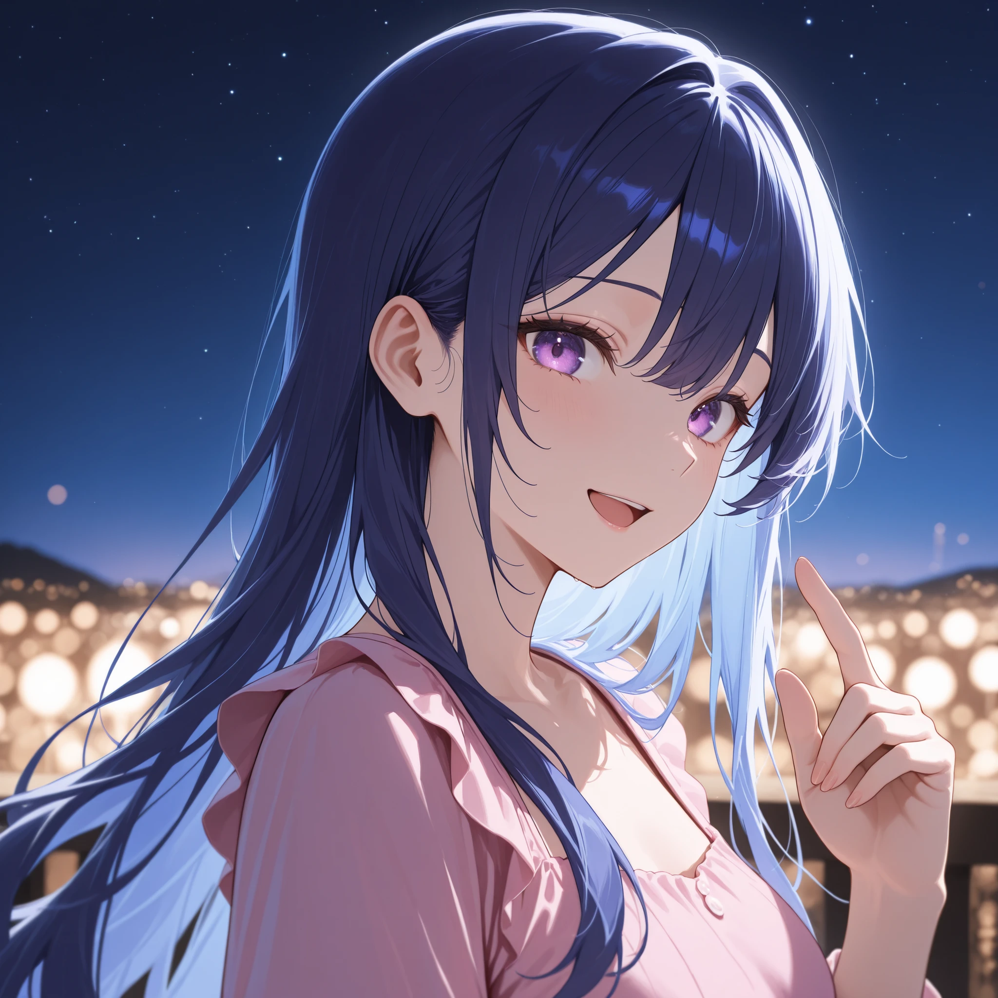 score_9, score_8_up, score_7_up, masterpiece, best quality, detailed face, 1 girl, solo, beautiful, modest chest, slender body, mature, light makeup, adorable, open mouth, bright smile,
Long hair, wavy dark blue hair, bright purple eyes, pink ta clothing, showing fingers,
Outdoor background, starry sky, night, dim lights, depth of field, bloom, soft lighting, best composition, dynamic, looking at viewer, from the side, from the top,