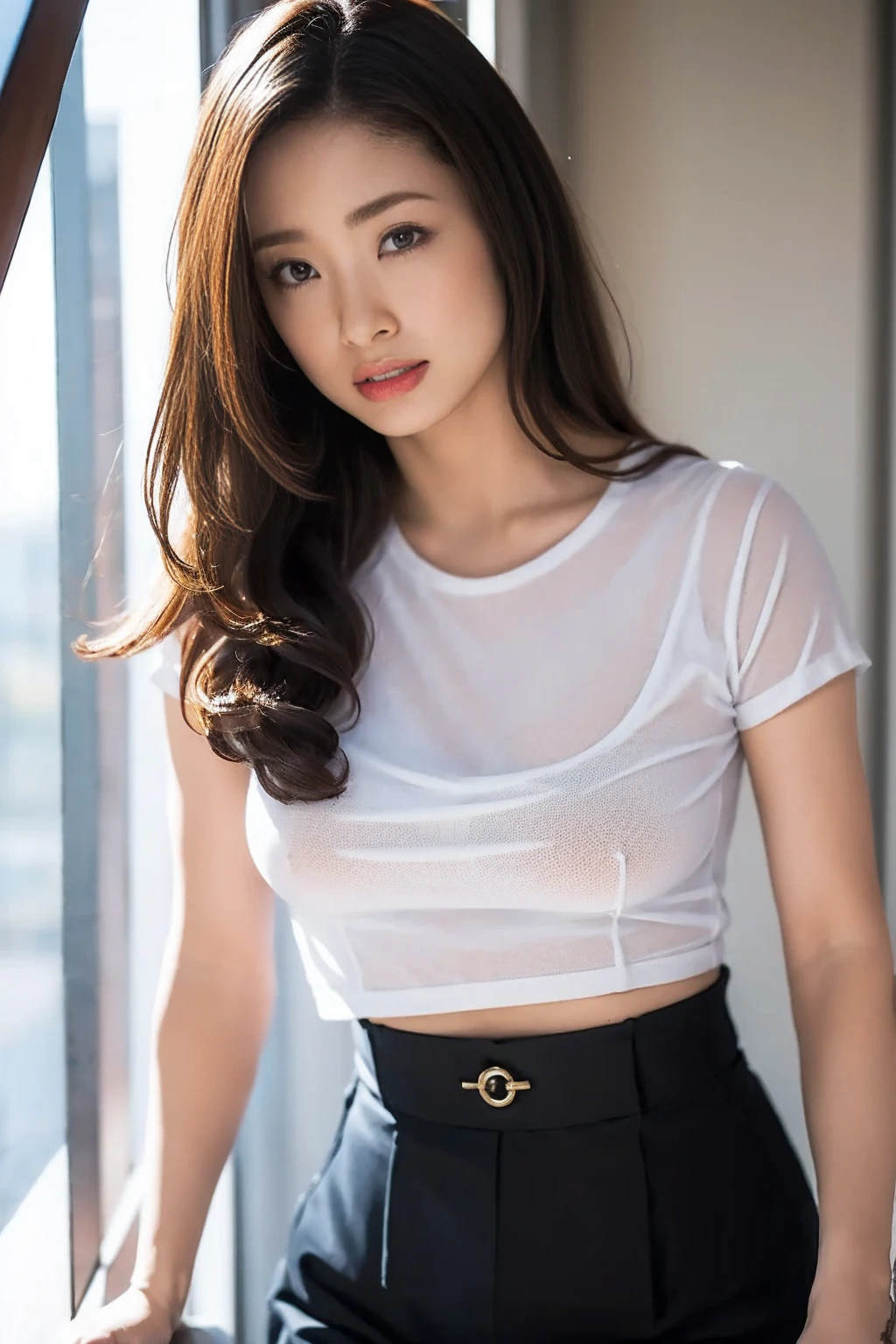A boldly composed photograph of a Japanese woman that looks like it was taken by a famous artistic photographer, (((Blockbuster art photography)), (8k, Highest quality). A stunning composition using a model with excellent proportions. Perfect beauty model with a confident and balanced appearance, ((Highest quality質)), ((masterpiece)), (Familiar:1.4), ((Highest quality質のリアルな写真)), ((Shot with Hasselblad)), ((Best photo quality)), Beautiful womanの画像,Super Resolution,Slim and perfectly proportioned, Beautiful woman, ((Highest quality質, 8k, masterpiece: 1.3)), Beautiful woman, 1 female, Slim figure: 1.1, Perfect beauty, 20-year-old, (Realistic: 1.4), Ahegao, Shining Sweat, thin, Art photo composition with space around the woman, See through, Studio shot, full person photo, Anatomically correct hand, Anatomically correct legs, anatomically correct whole body, Marble room, White T-shirt and hot pants. Cowboy Shot,