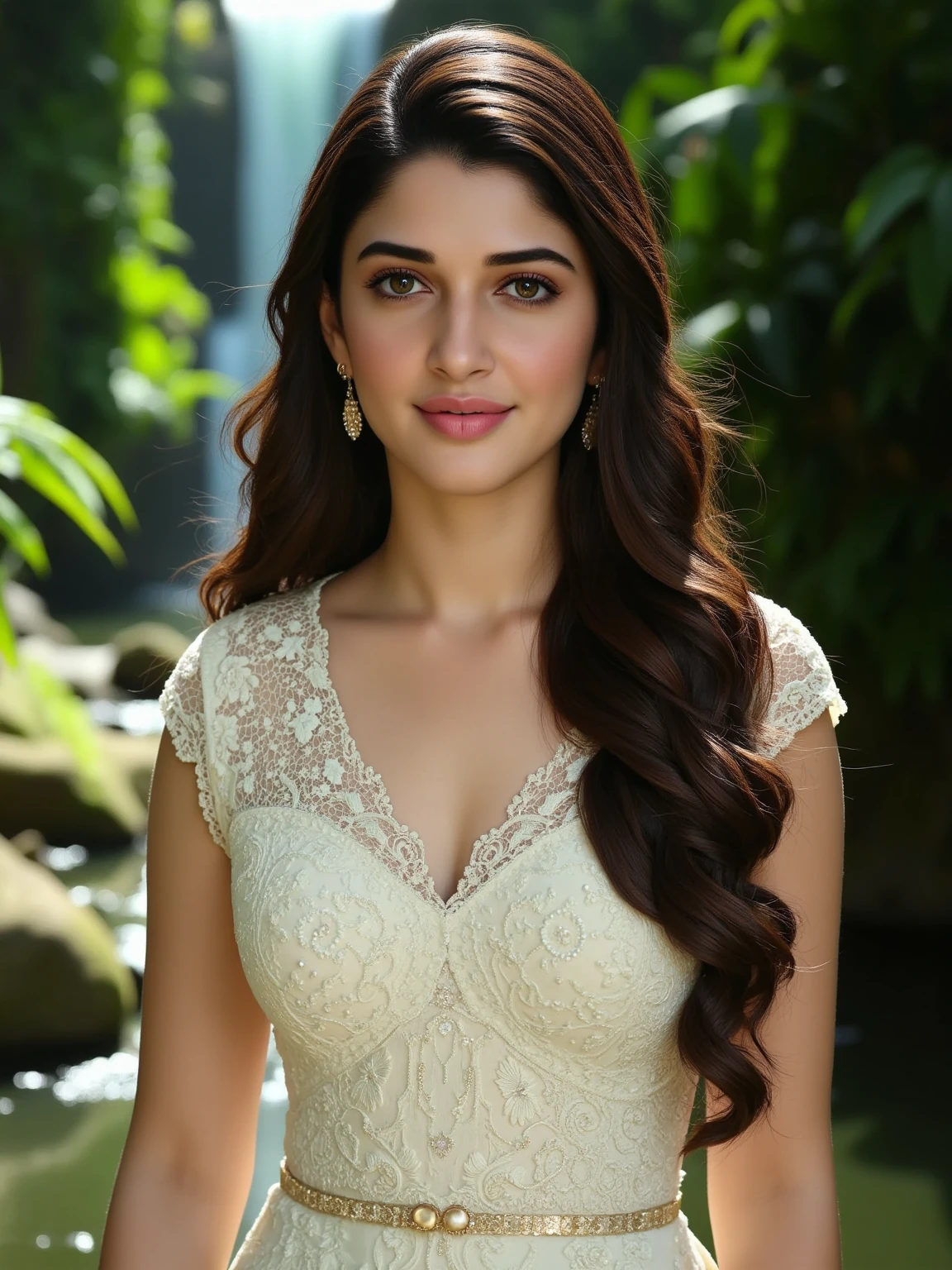 Replace with Indian girl with hitech fashion , curly hair, red dress and jewellery