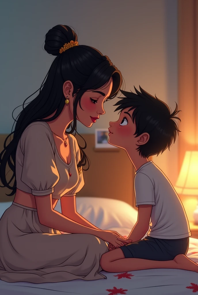 A tall asian girl plus sized hugging a short boy in her boobs tightly