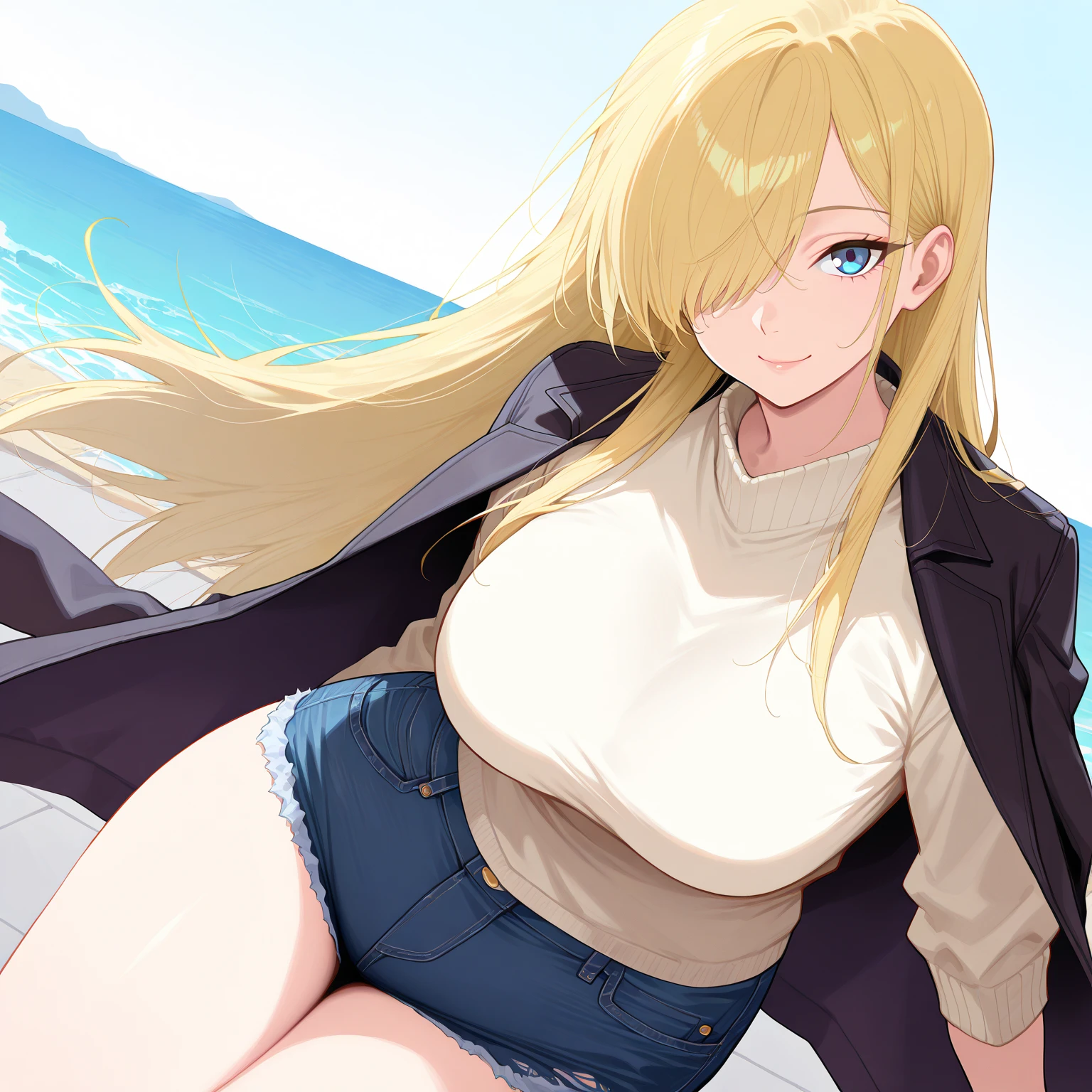 (Masterpiece, Top quality:1.5), nsfw, from side:1.2, (1 beautiful girl, solo:1.2), sitting, (Blonde:1.3), medium Hair, wavy Hair, asymmetry bangs, swept bangs, airy hair, (large breasts:1.2), 14 year old, (hoodie, bikini :1.3), smile:1.3, blush, beautiful scene of seaside, magnificent panorama view, blurry background ,open mouth, wet