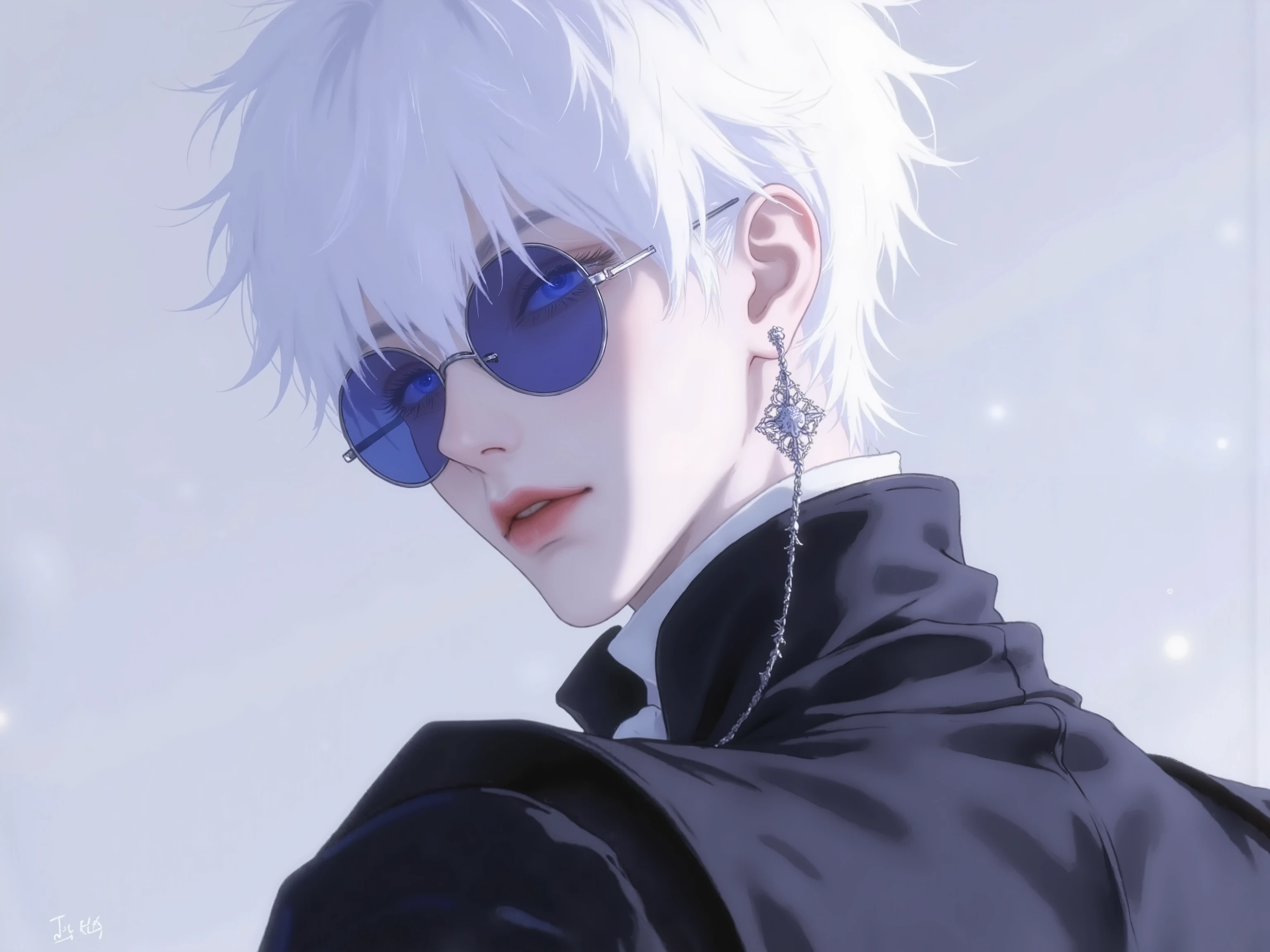 ((점수_9,점수_8_위로)), GOJO SATURO, Portrait of Gojo Satoru from "Jujutsu Kaisen", upper body only, facing forward with a calm and confident expression. White hair, blue sunglasses, wearing a high-collared black uniform. anime style, detailed lighting, soft shadows, Upper body output, turning back