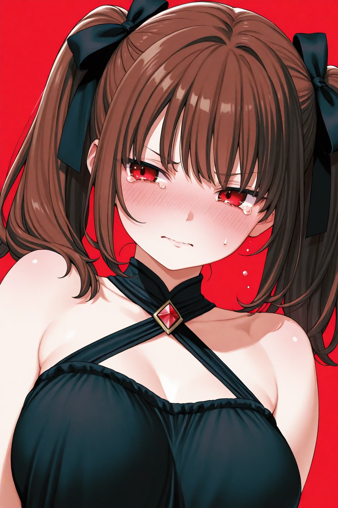 1girl, evil neuro-sama, (yuzu modoki), red eyes, light brown hair, ahoge, two side up, hair ribbon, dark red ribbon, heart hair ornament, asymmetrical legwear, black thighhighs, black kneehighs, (masterpiece, best quality), highly detailed, finely detailed, simple background, playboy bunny, rabbit ears, rabbit tail, detached collar, bowtie, wrist cuffs, leotard, looking at viewer, heart hands, on table, indoors, angry, bokeh, wet, depth of field, blurry background, backlight, open mouth, tongue out,