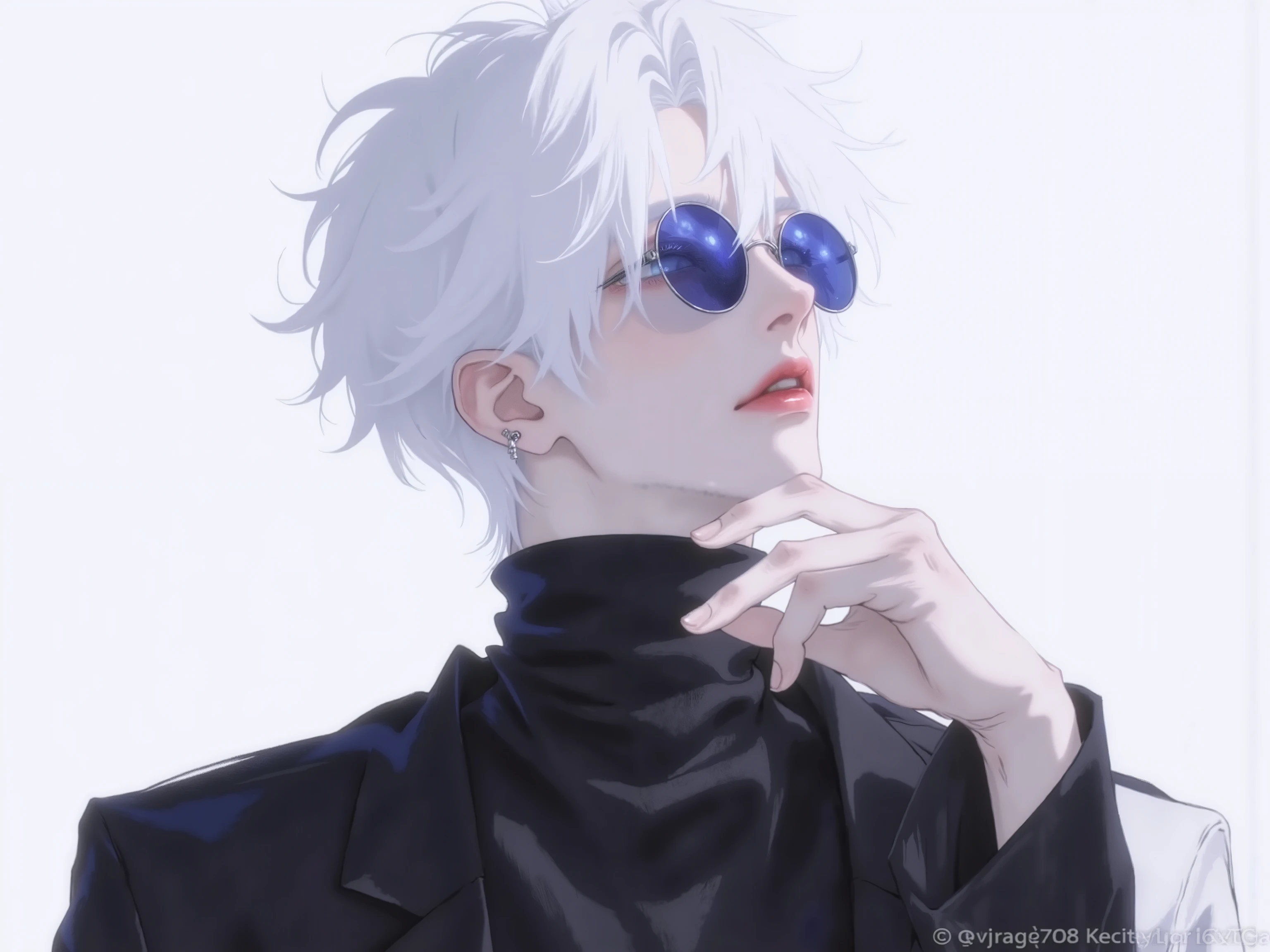((점수_9,점수_8_위로)), GOJO SATURO, Portrait of Gojo Satoru from "Jujutsu Kaisen", upper body only, facing forward with a calm and confident expression. White hair, blue sunglasses, wearing a high-collared black uniform. anime style, detailed lighting, soft shadows, Upper body output, turning back, Look behind.