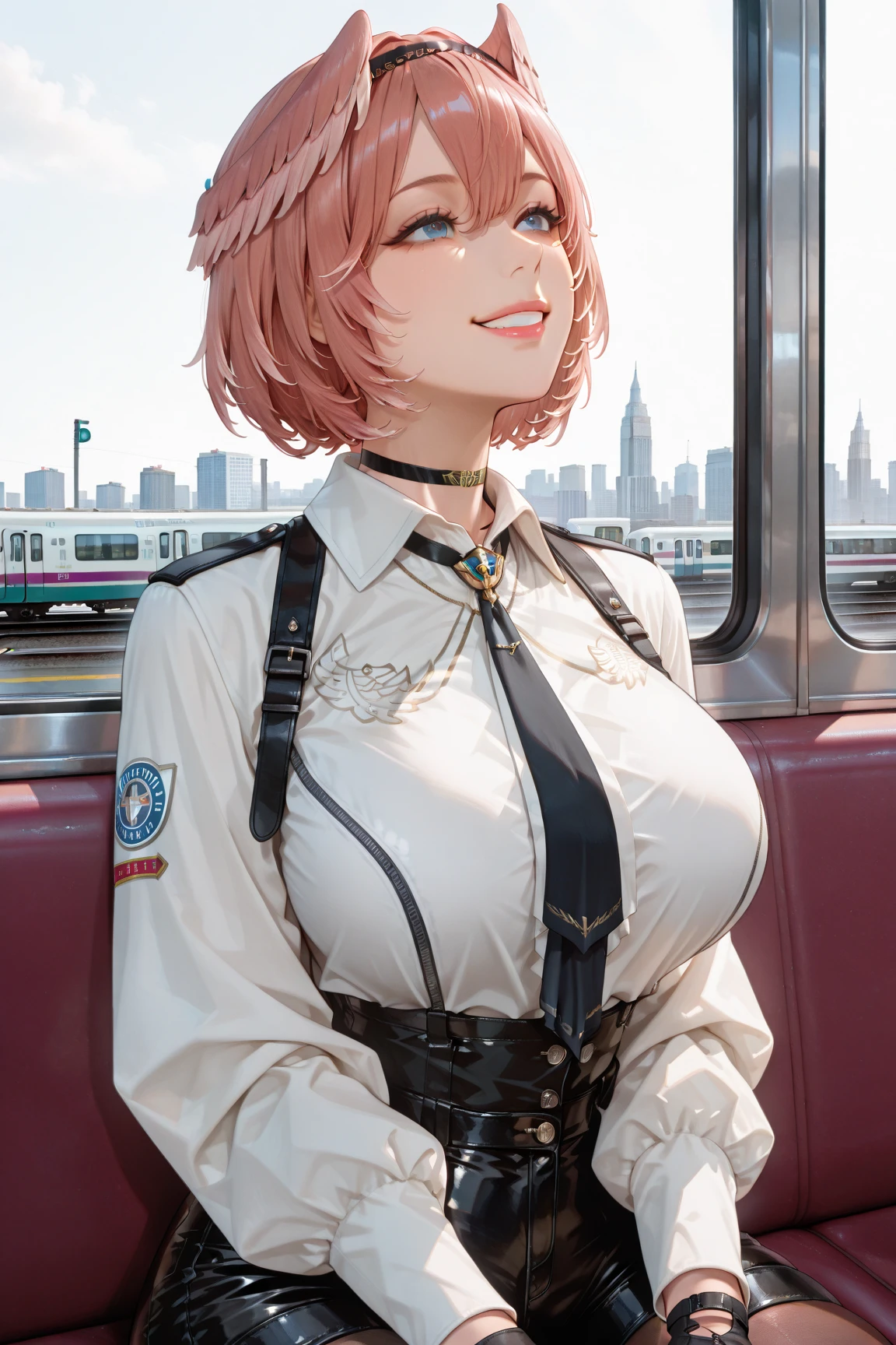 (Masterpiece, BestQuality:1.3), (ultra detailed:1.2), (hyperrealistic:1.3), (RAW photo:1.2), High detail RAW color photo, professional photograph, (Photorealistic:1.4), (realistic:1.4), (Pink Hair:1.5), professional lighting, perfect anatomy, (Big Breasts:1.2), (blush, detailed face), (A happy smile:1.7), Trending Hair&Trending Hairカラーをランダムに, earrings, necklace, bracelet, sexly, erotic sexly, Random sexy gravure poses, (flight attendant woman、The background is the airport、friendly smile、Bobcut、Pose with skirt lifted up a little:1.3)