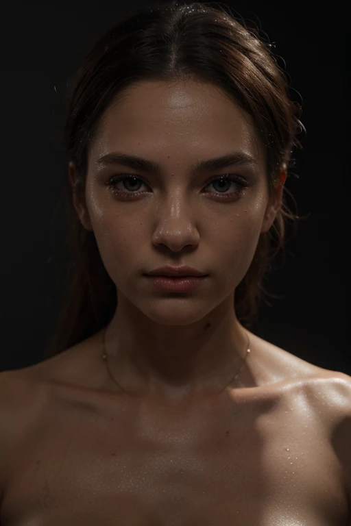 hyperrealism, (photorealistic:1.2), (film grain:1.3), masterpiece, best quality, perfect detail, cinematic lighting, professional photo, realistic photo, raw photo, realistic style, detailed face, professional breast portrait, Lana Rhodes, spot light , black background, depth of field.