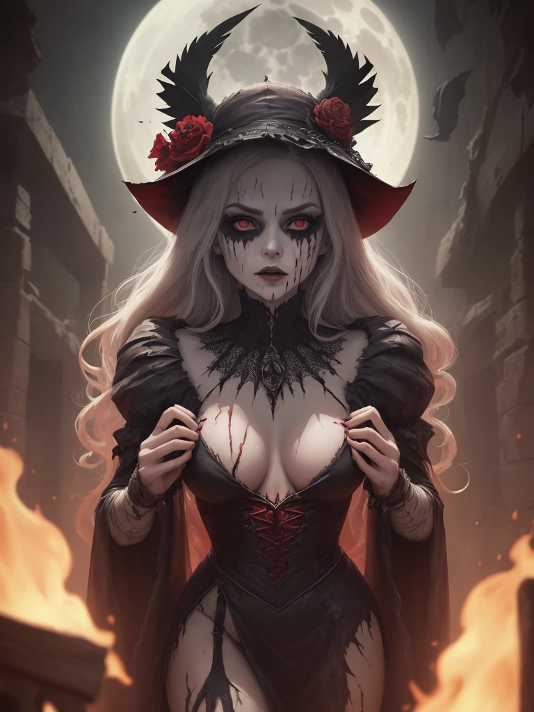Goddess of the dead. Pale skin. Zombies behind her.