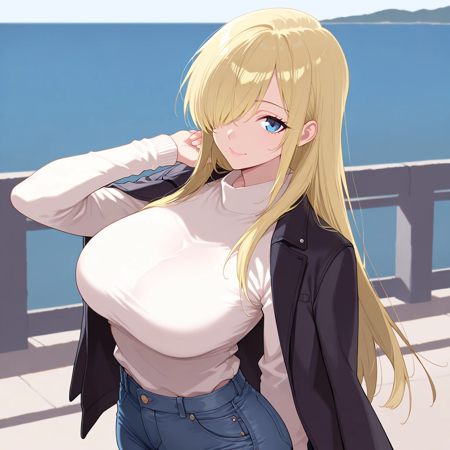 Highest quality、Ultra HD、One Woman、(blonde long hair 1.3)、(1 open-necked black shirt.3)、(Jeans 1.3)、(Red headband)、(Black Heels 1.1)、((Shoot a gun 1.2))、(Silver necklace)、(Beautiful face with sharp eyes 1.2)、(tall)、Red bracelet on left wrist、(Cleavage 1.1)、40-year-old woman、Slender body、(Daytime city background 1.2)、((Clear and beautiful touch))