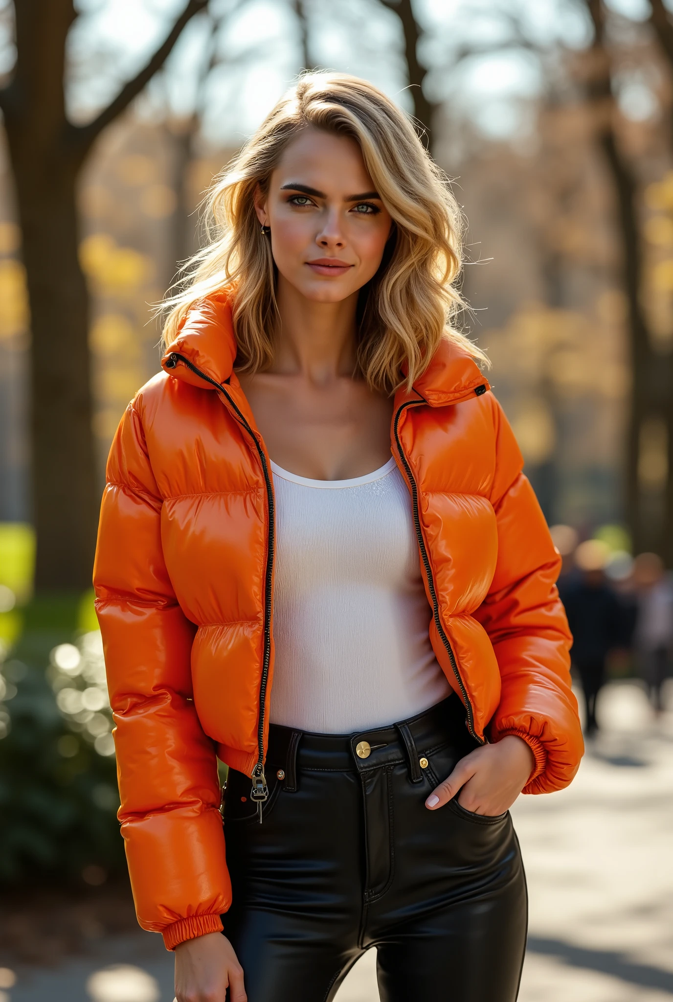 Foto hiperrealista en primer plano de woman, masterpiece, best quality, (photorealistic:1.4), (shiny orange cropped PUFFER JACKET over white tank top:1.1), (leather jeans:1.2) heels, in the New York Central Park, sunny day, cinematic light, beautiful woman, skinny, blonde hair, detailed face, smile, facing the camera, photo taken from a distance,