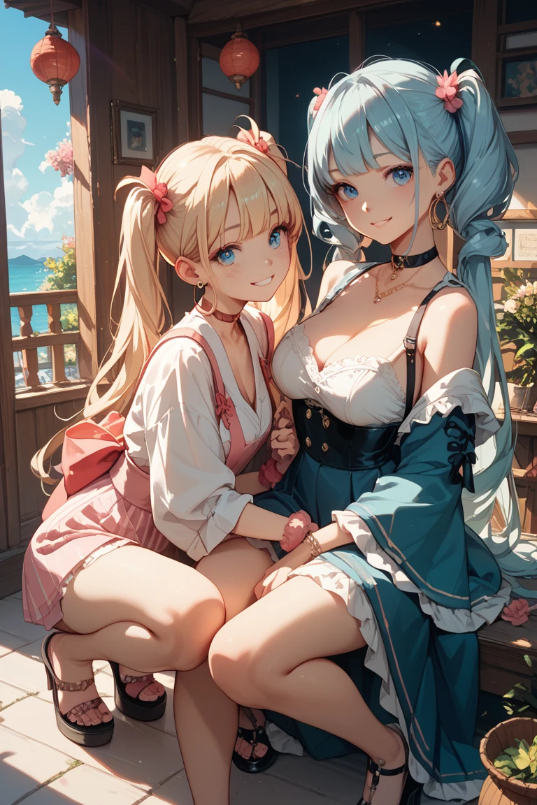 (Beautiful detailed eyes,Beautiful detailed lips,extremely detailed eye and face,longeyelashes,Cute girl in ribbon uniform,Cute uniform,Blazer,laughing loud,attractive girl,Best Quality,busty,masutepiece:1.2,stunning figure,Erotically cute,Ultra-high resolution,Gorgeous girl,Lovely girl,Multi-colored hair,Relaxation Socks,High resolution,gorgeous eyes,Perfect beauty) (masterpiece、top-quality、top-quality、watercolor paiting(Curly)、Official art、Beautifully Aesthetic:1.2)、(2girl with:1.3)、(Fractal Art:1.3)、The upper part of the body、From Side、looking at the viewers、patterns、(rainbow-colored hair、colourful hair、Half blue and half pink hair:1.2)、4This refers to、Thumb joint、Eau、gases、云、colourfull、Soap bubbles、Deep kissing、I'm、violate、Detailed panties