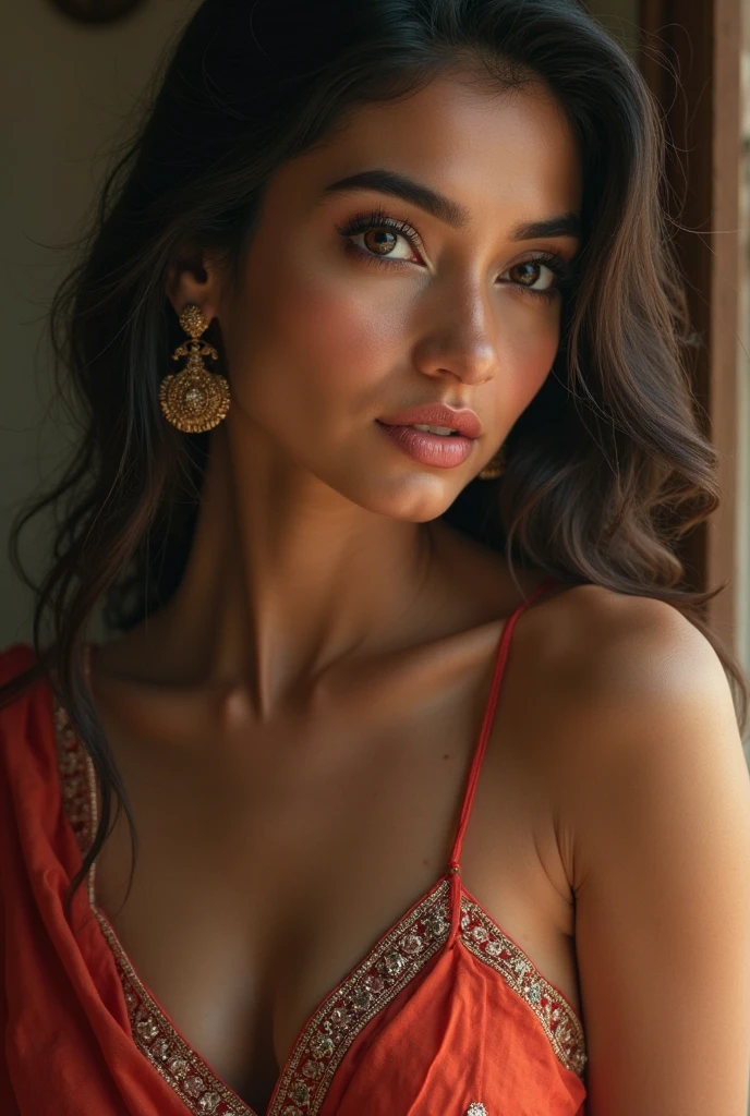 Rakul weared a baby pink low v cut sleaveless blouse full transparent baby pink saree that covering only one side here boobs cleavage and put sum sindura fourhead and upper hair to wear two ear rings
